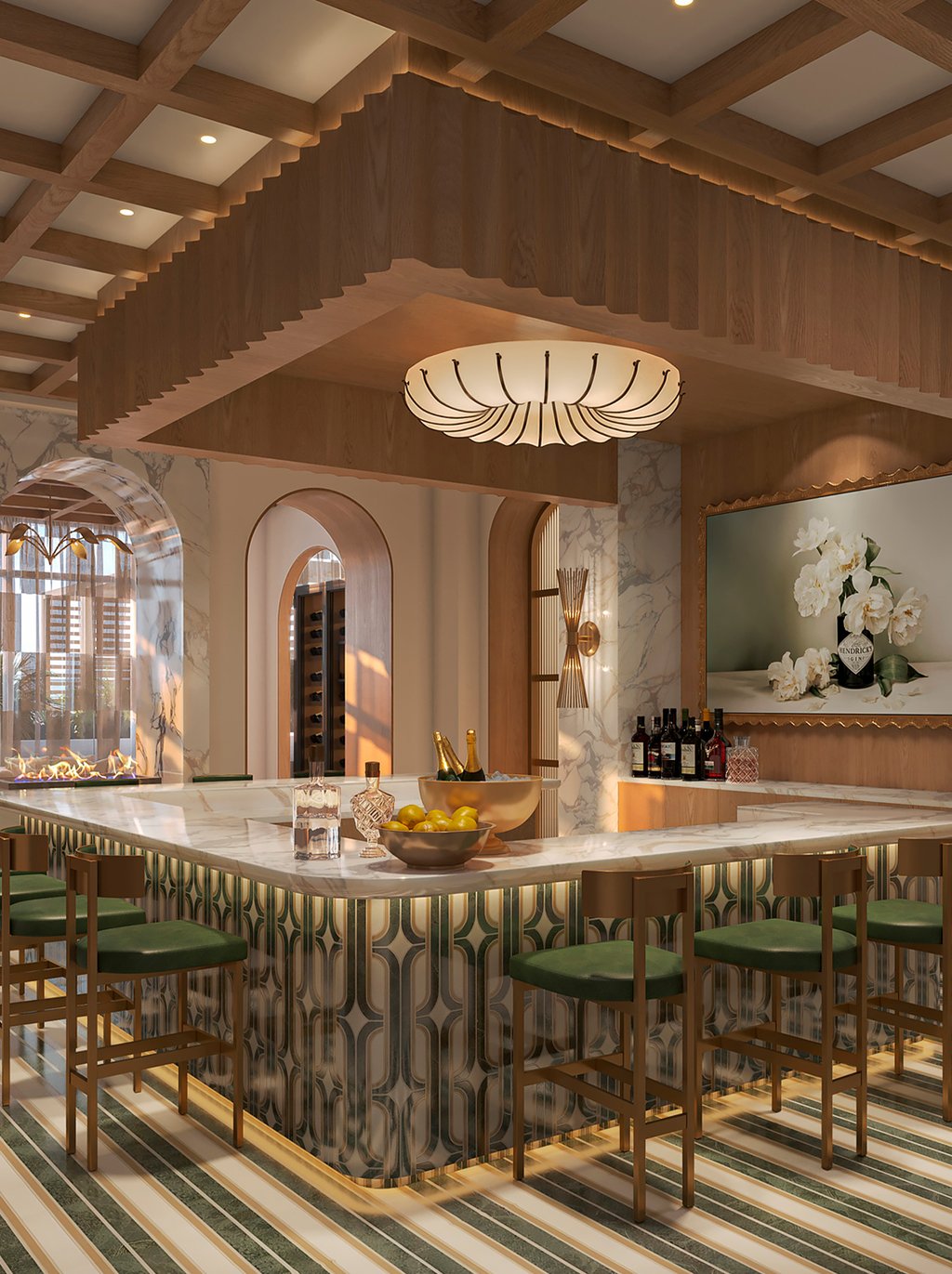 A residents’ social salon anchors the lobby level with a cocktail bar, fireplace seating, and indoor-outdoor flow to the pool deck. The Green Room private dining space with catering kitchen elevates entertaining with understated Palm Beach glamour.