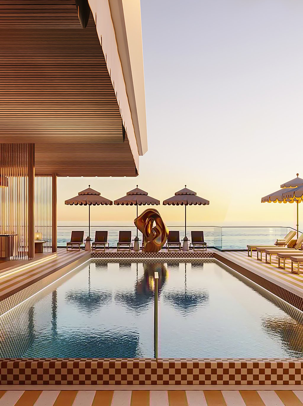 The sophisticated pool deck offers an elegant outdoor haven where relaxation and leisure are encouraged. Nestled amidst lush landscaping and featuring fashionable lounging spaces, visitors and residents can delight in a tranquil, sun-kissed sanctuary.