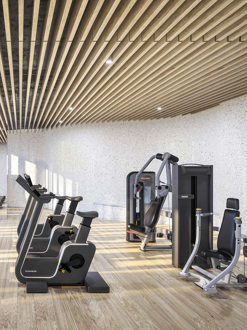 This wellness facility includes a state-of-the-art fitness center with Technogym cardio & strength equipment, sauna and steam bath, indoor yoga studio, treatment room and changing rooms.