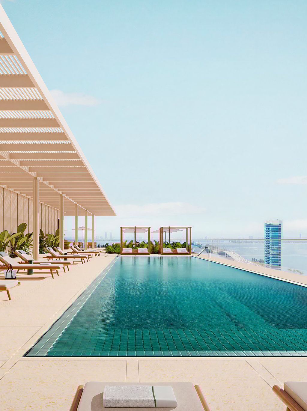 A curated amenity collection balances energy and restoration: a resort-style pool setting, wellness and spa areas, and a state-of-the-art fitness experience. Indoor and outdoor spaces are designed as serene extensions of the tower, supporting a daily rhythm shaped by light and landscape.