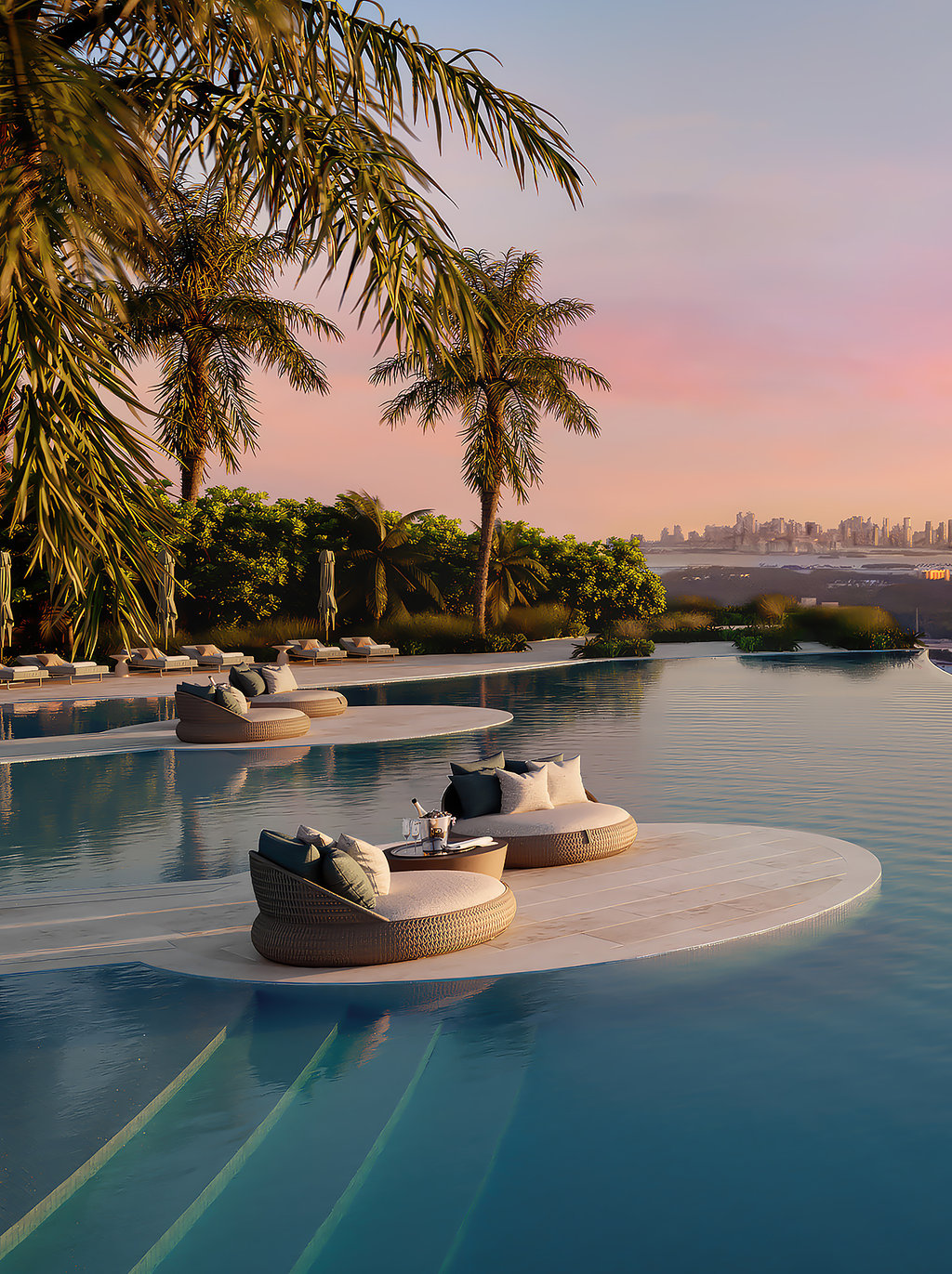 Providing a sunset pool deck with an infinity-edge pool and a sunrise pool deck on each tower with cabanas, gardens, and grilling areas.