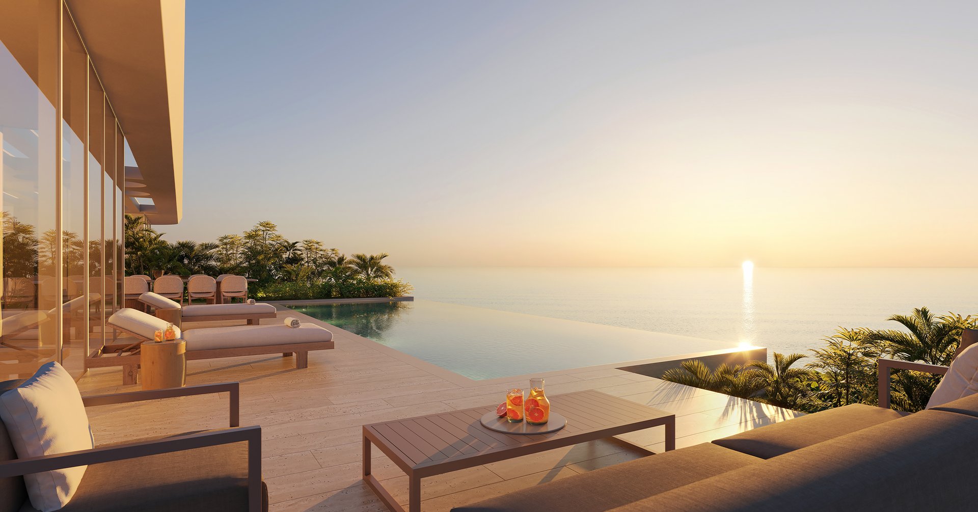 At the crown of Ocean Terrace Residences, The Penthouse joins RAMSA’s classically informed interiors with Revuelta Architecture International’s sculptural glass architecture and landscape authorship by Enzo Enea and Raymond Jungles. Across two private levels, the rooftop pool, spa, and open-air kitchen frame the Atlantic, Ocean Terrace Park, North Beach shoreline, and Biscayne Bay.