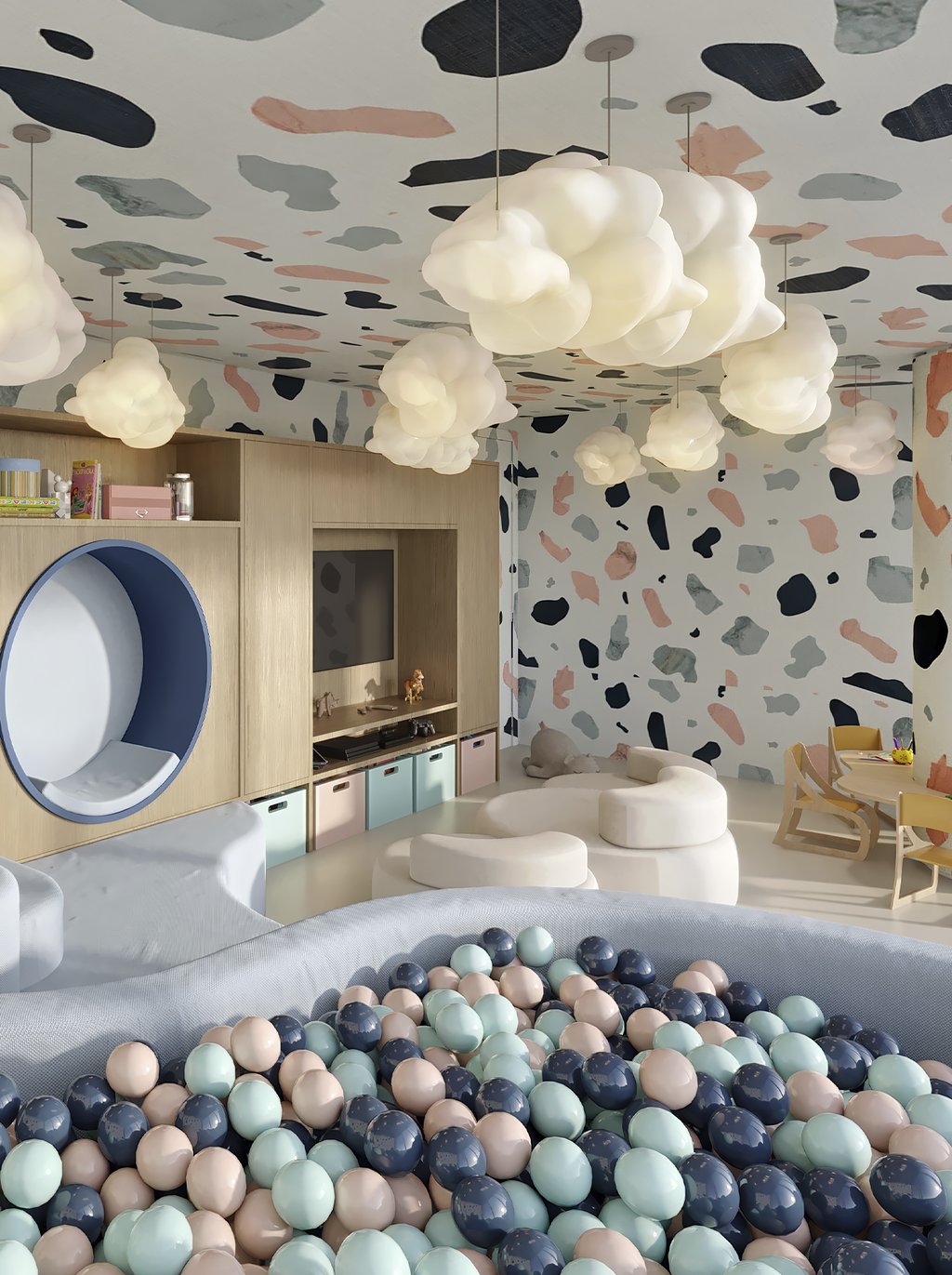 Children will delight in the whimsical playroom, thoughtfully stocked with a vibrant array of toys, books, and engaging activities.