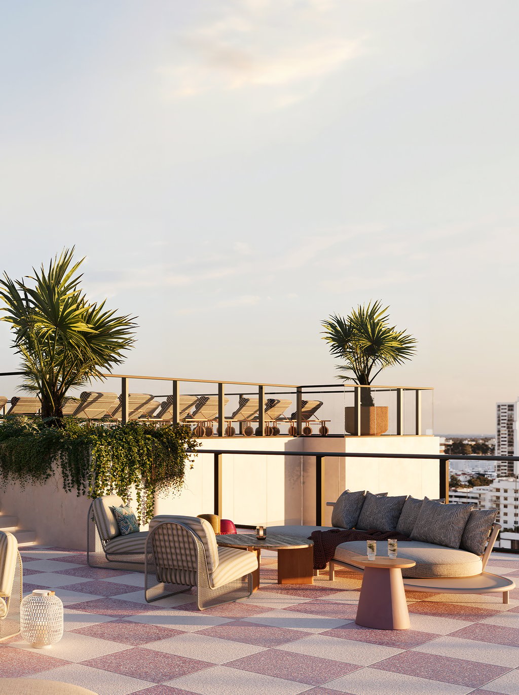 At the rooftop level, Nora House layers leisure and entertainment with unusual breadth, pairing a resort-style pool and spa with an outdoor bar, social terrace, fire pit seating, a game lounge, bowling alley, golf simulator, and spaces designed for easy hosting from day into evening.