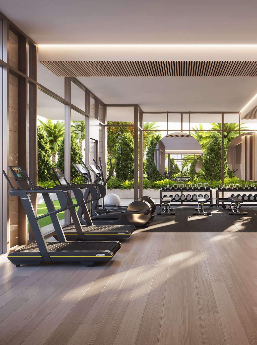 An on-site state-of-the-art fitness center, complete with outdoor turf lanes, sauna, and a plunge pool. This modern facility encourages residents to maintain a healthy and active lifestyle within the comfort of their exclusive community.