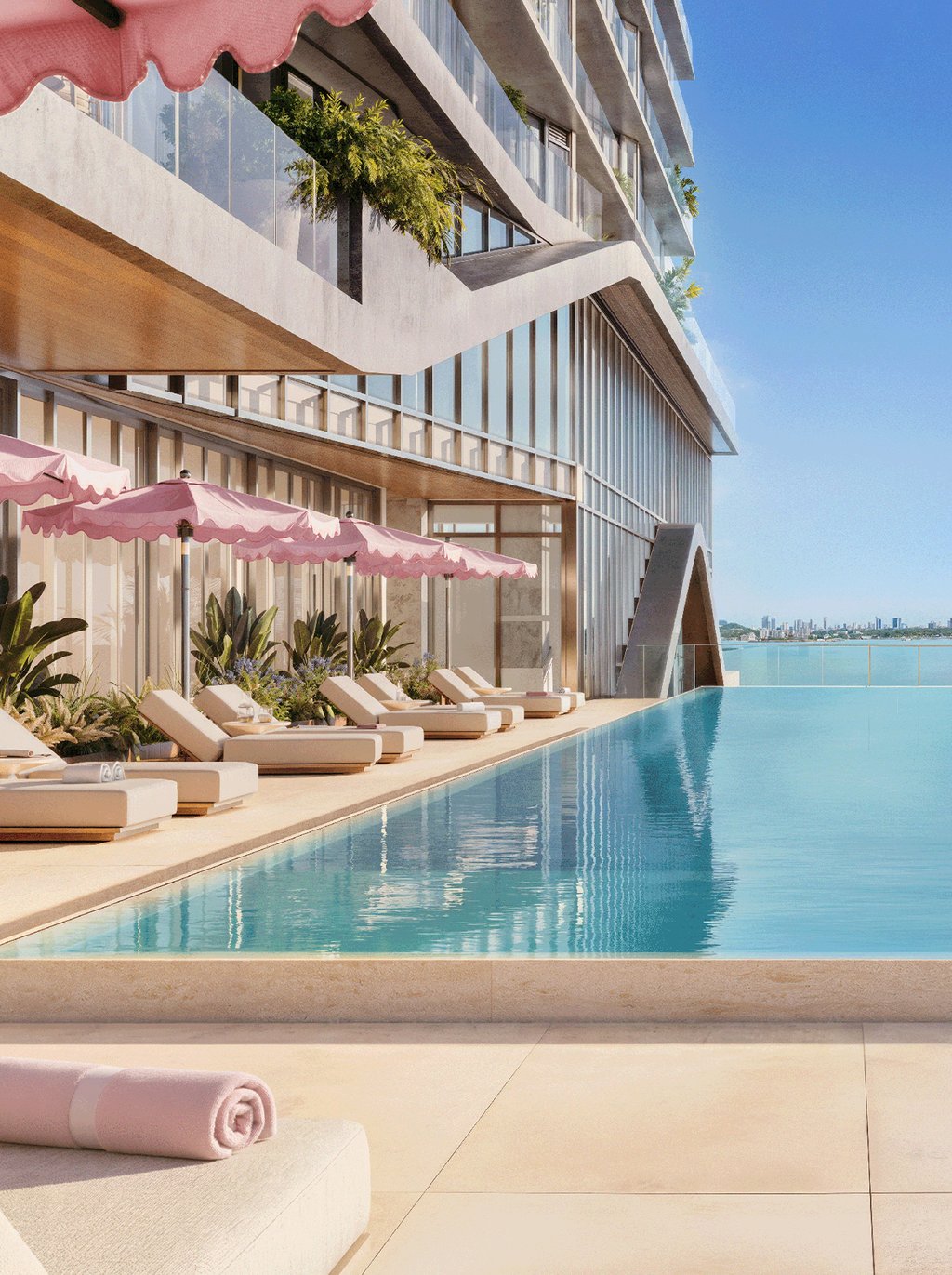 This exquisite infinity pool provides a relaxing atmosphere for everyone. Surrounding the pool, the exclusive private cabanas offer a serene and tranquil getaway from the bustling activities in the neighborhood.