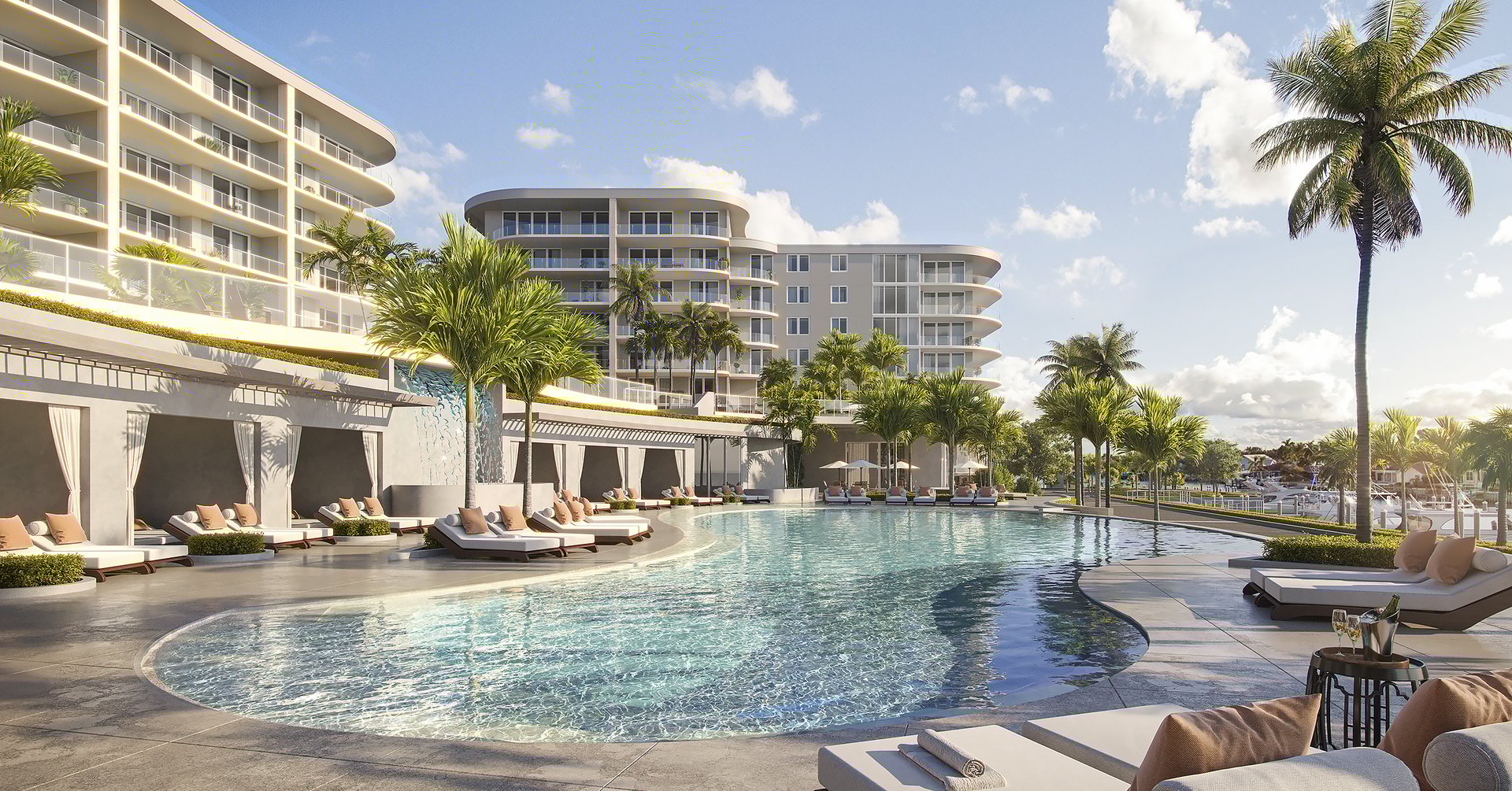 Framed by panoramic Intracoastal views, the infinity edge pool reflects the tropical, natural surroundings while full-service cabanas invite residents and their guests to linger and lounge.