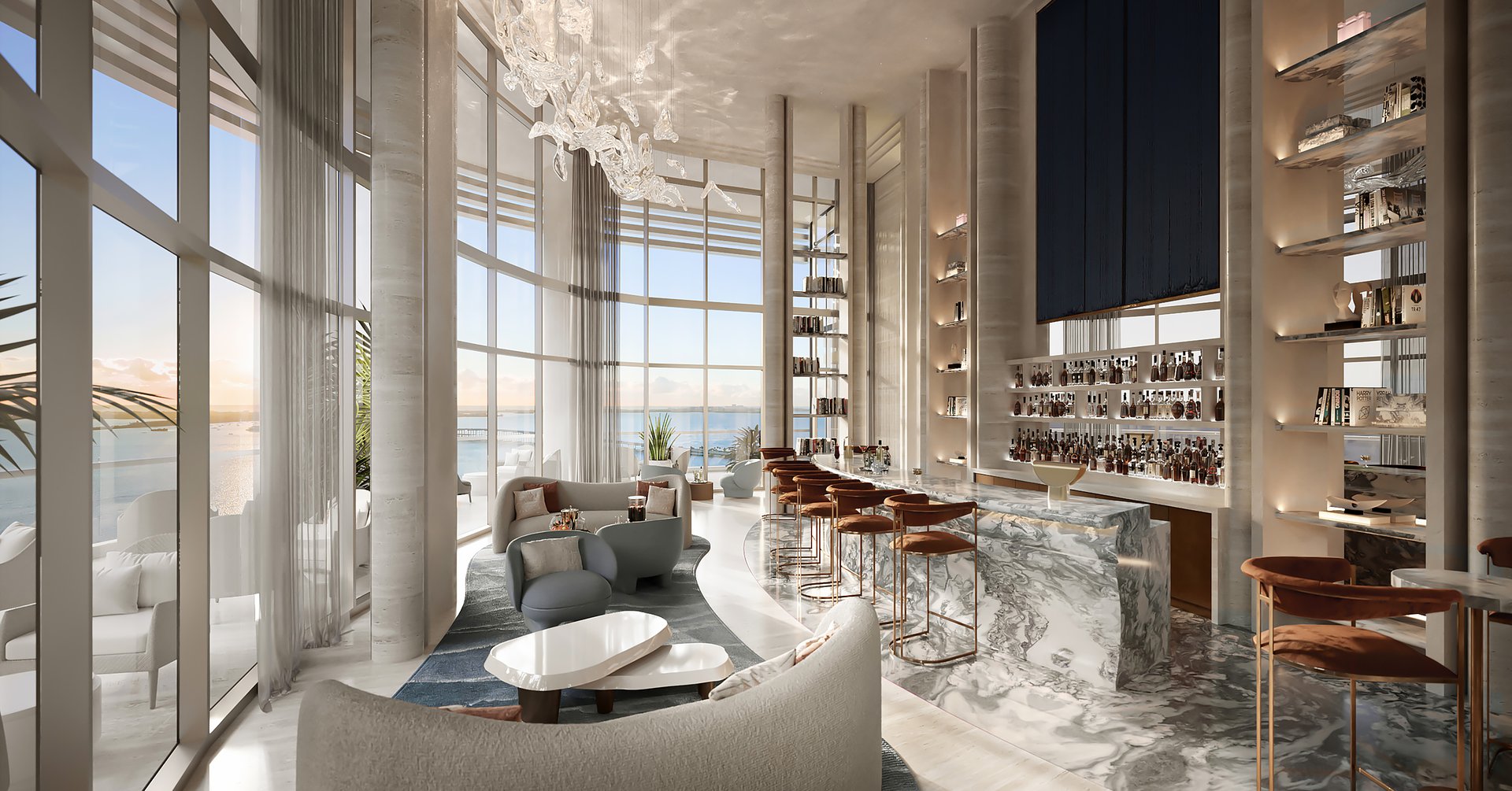 This magnificent area features a double-height bar and lounge with breathtaking water views, a St. Regis® cognac room, the traditional St. Regis® tearoom, a billiards room, and a catering kitchen.