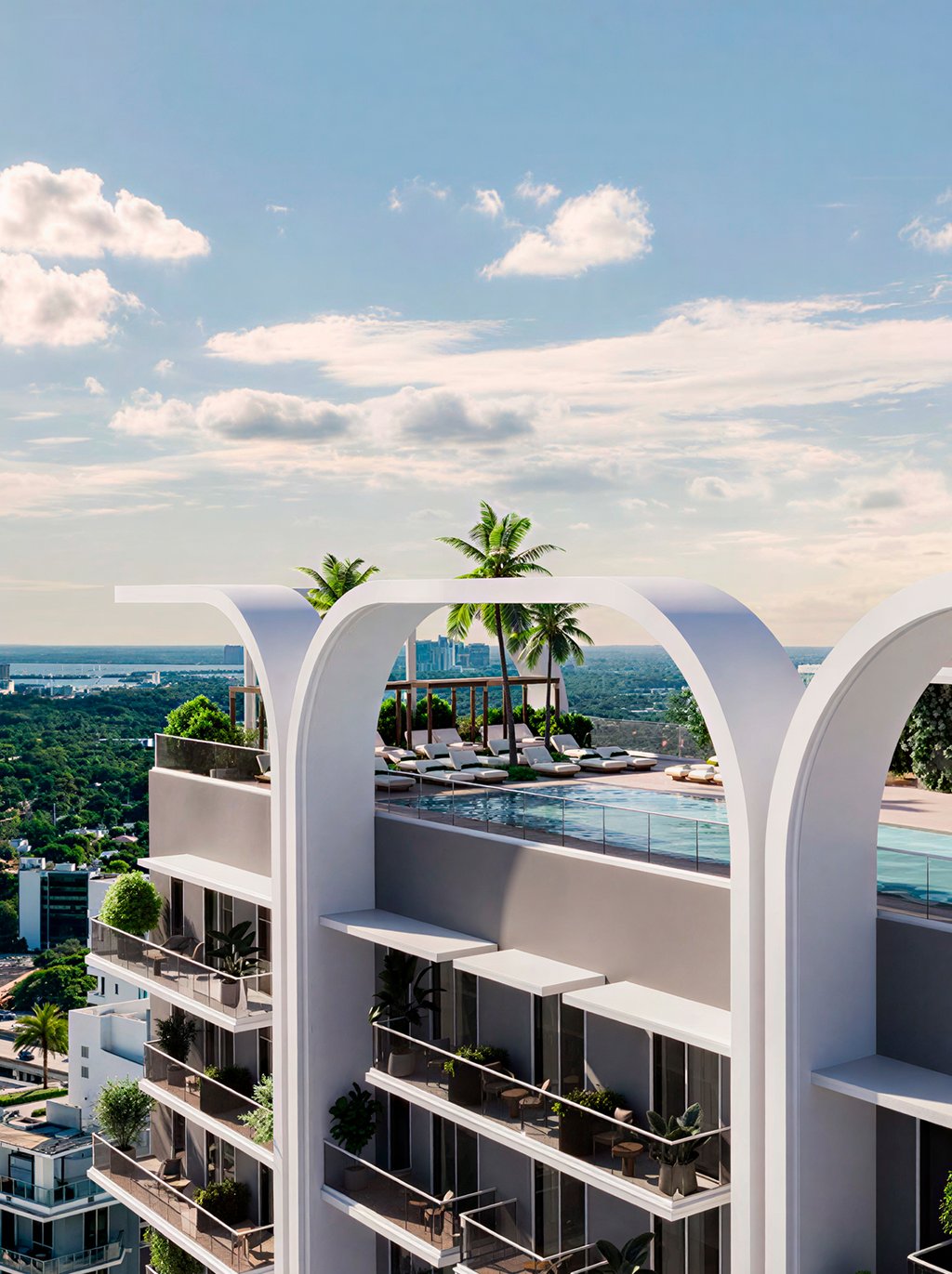 On the 43rd floor, a rooftop infinity pool and sun terrace create a serene horizon line above the skyline. Private cabanas, shaded lounges, and sunset seating invite unhurried afternoons, while panoramic views frame the city and bay with effortless drama.