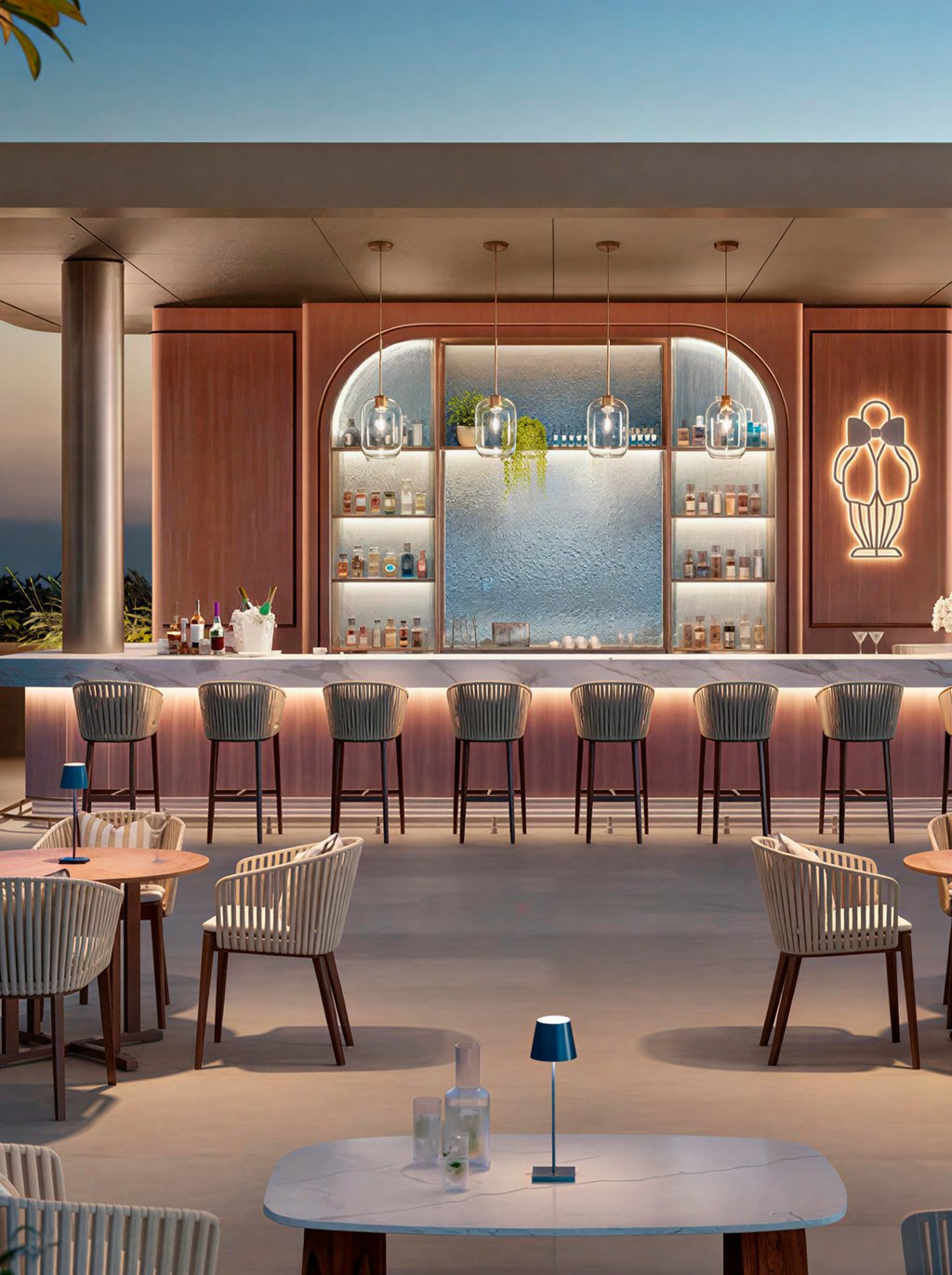 Bellini Restaurant brings signature Mr. C cuisine to an elegant, lively setting with indoor and al fresco dining. Residents enjoy in-residence and poolside service, attentive concierge, valet, and optional housekeeping. Exclusive benefits across the global Mr. C portfolio add a discreet, worldly touch.