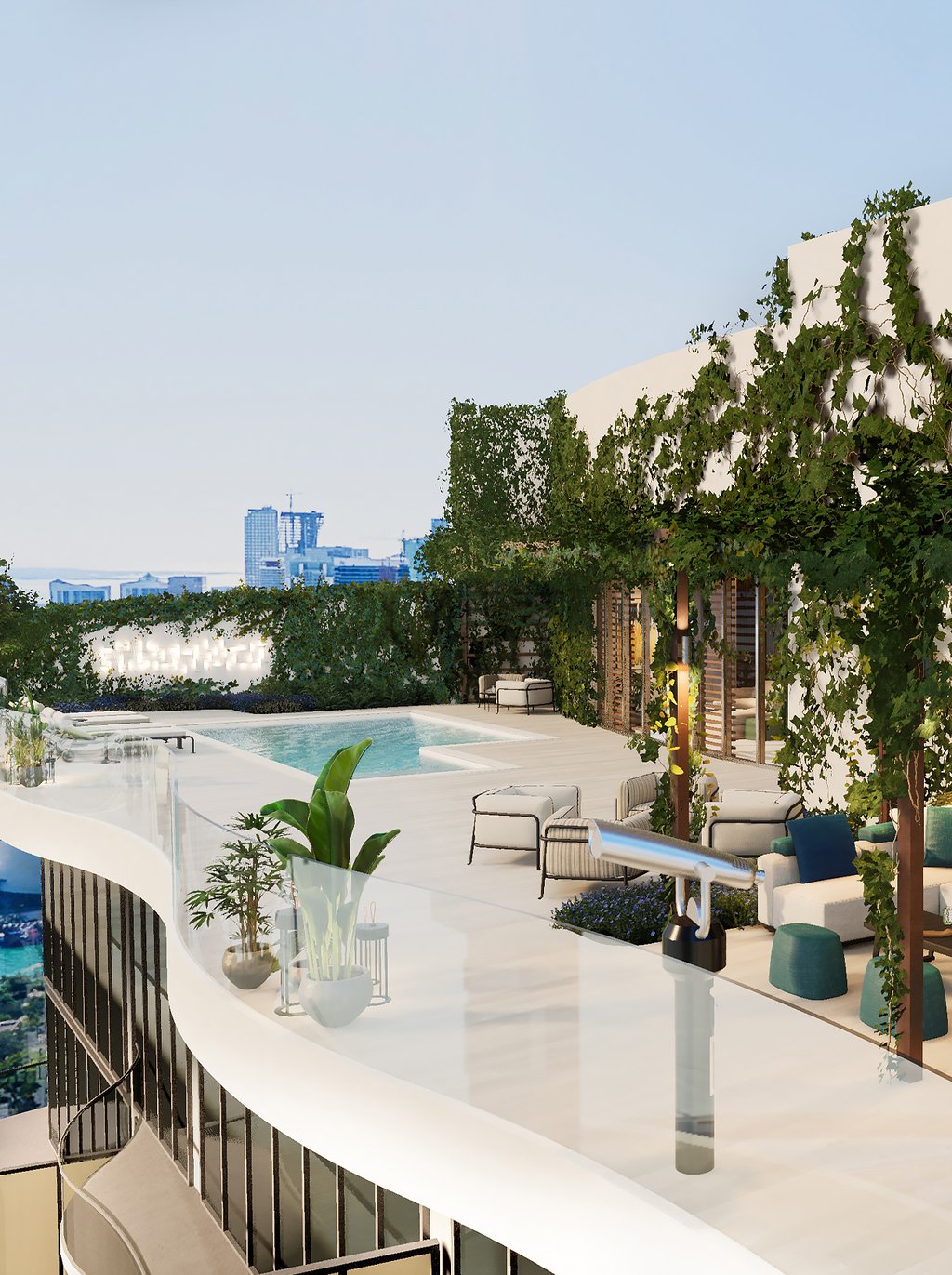 A stunning 12th floor pool deck featuring Italian-inspired gardens, a luxury spa, and a 78-foot lap pool. Private cabanas, pickleball court and exclusive dining are also available.