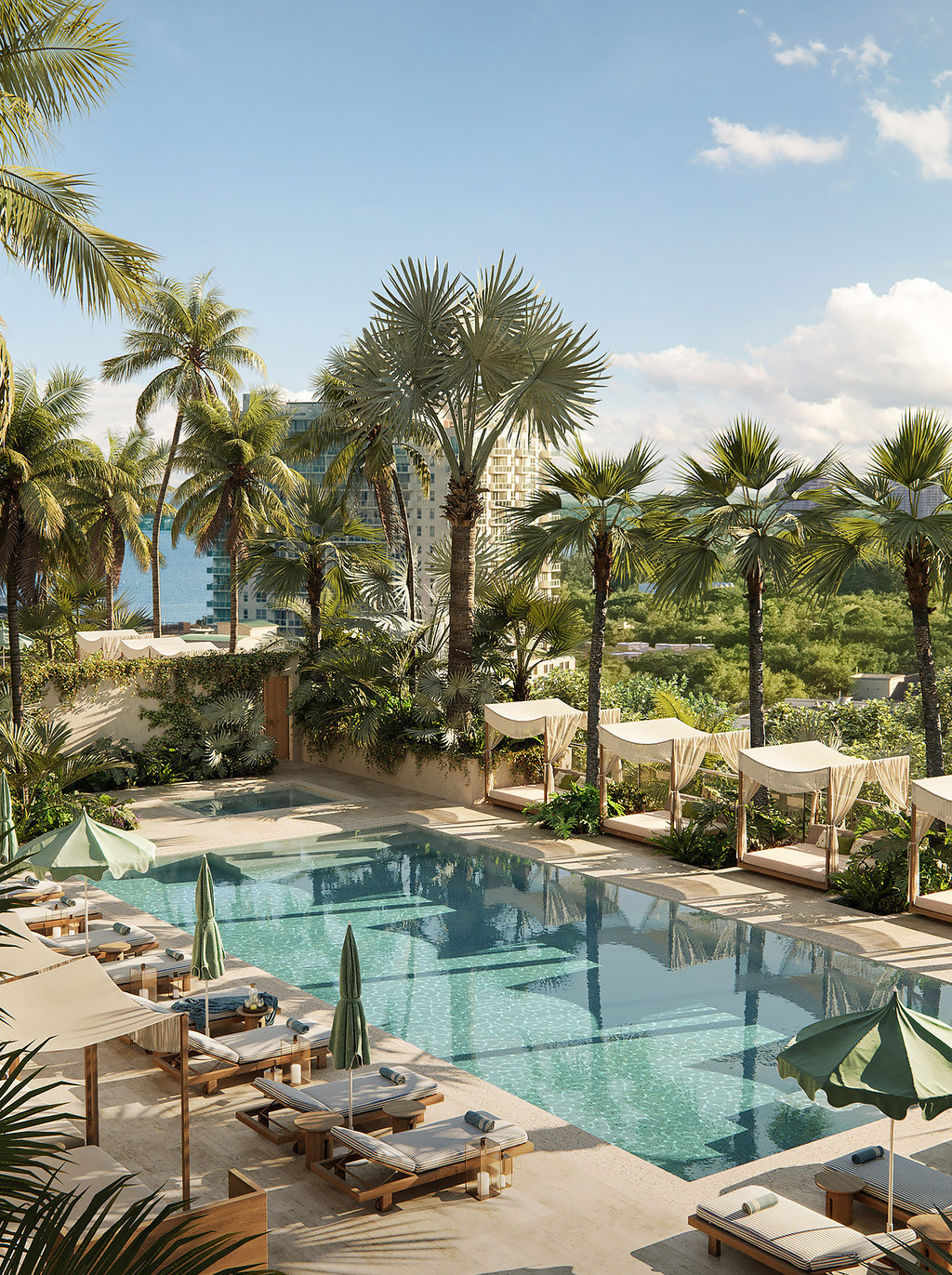 Residents enjoy exclusive access to a swimming pool with hot and cold plunges, complete with private cabanas and chaises. A second pool and hot tub area is available for both residents and club members.