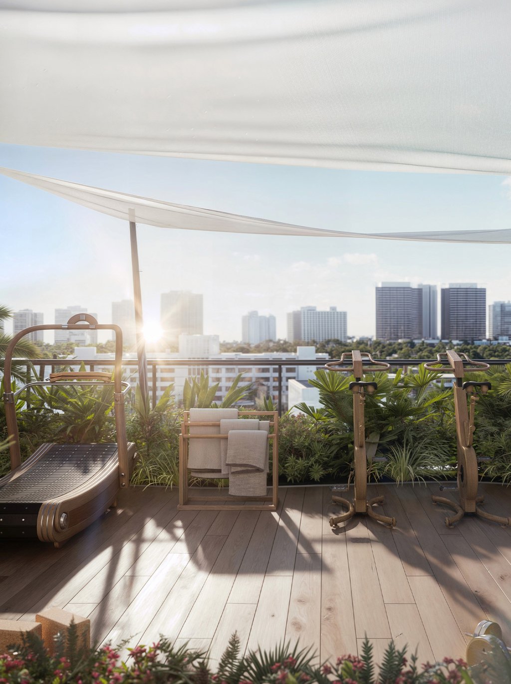A curated wellness space supports daily balance with areas for stretching, recovery, and mindful movement. Natural materials and soft lighting echo Alma’s calm palette, creating a sanctuary for body and mind each morning before heading out to the beach or city.