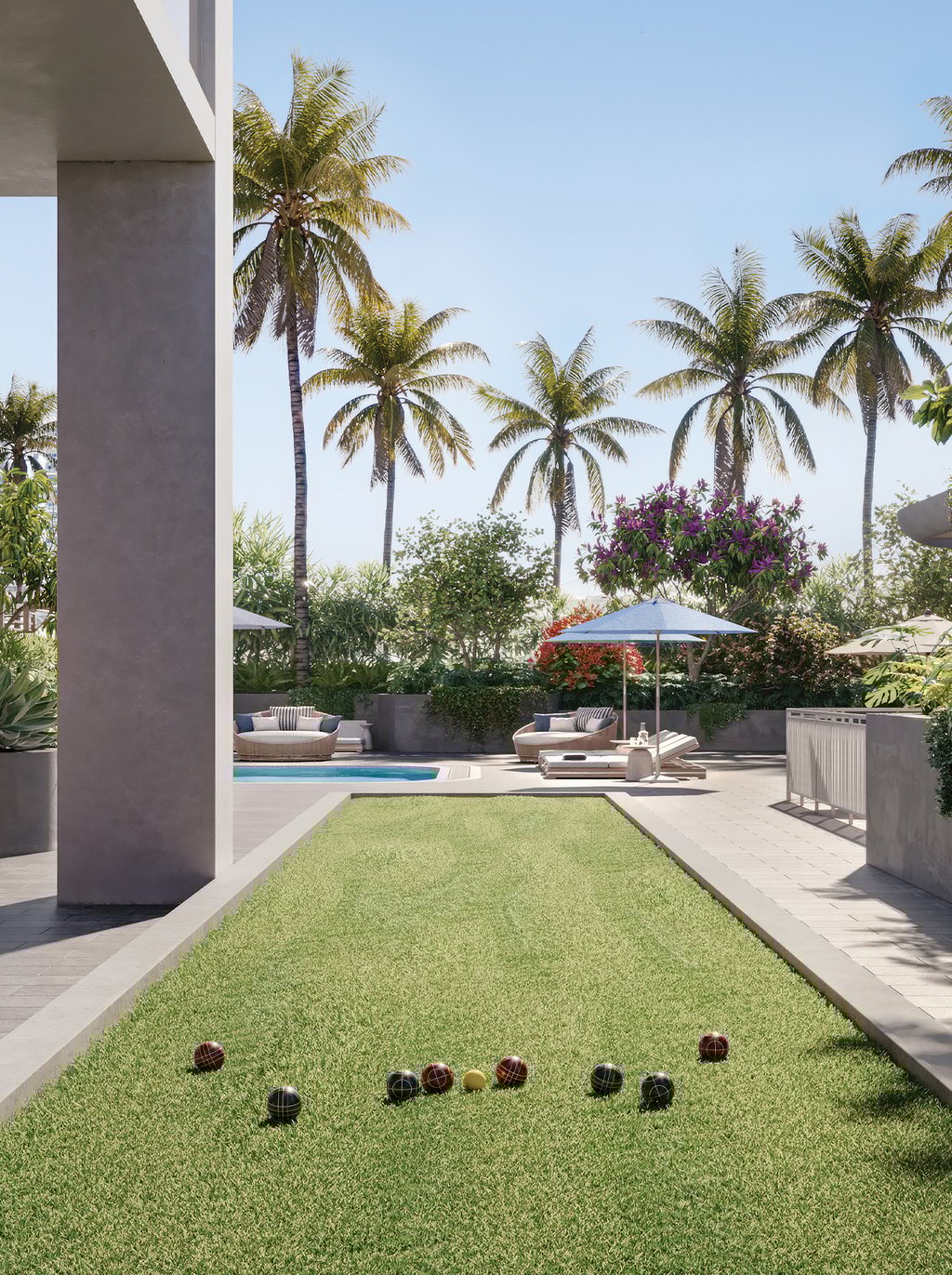 Outdoor enthusiasts can get together in friendly competition on the elegantly designed bocce court, offering an entertaining and engaging outdoor activity for residents and guests.