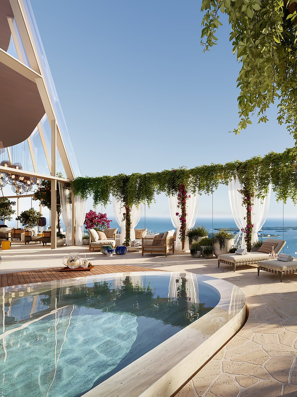 The highest deck of the building includes a rooftop pool with breathtaking views 850 ft. in the sky, a two-story soaring atrium with lush planting and serene seating areas, a rooftop lounge bar with craft cocktails, culinary fare, and poolside service.