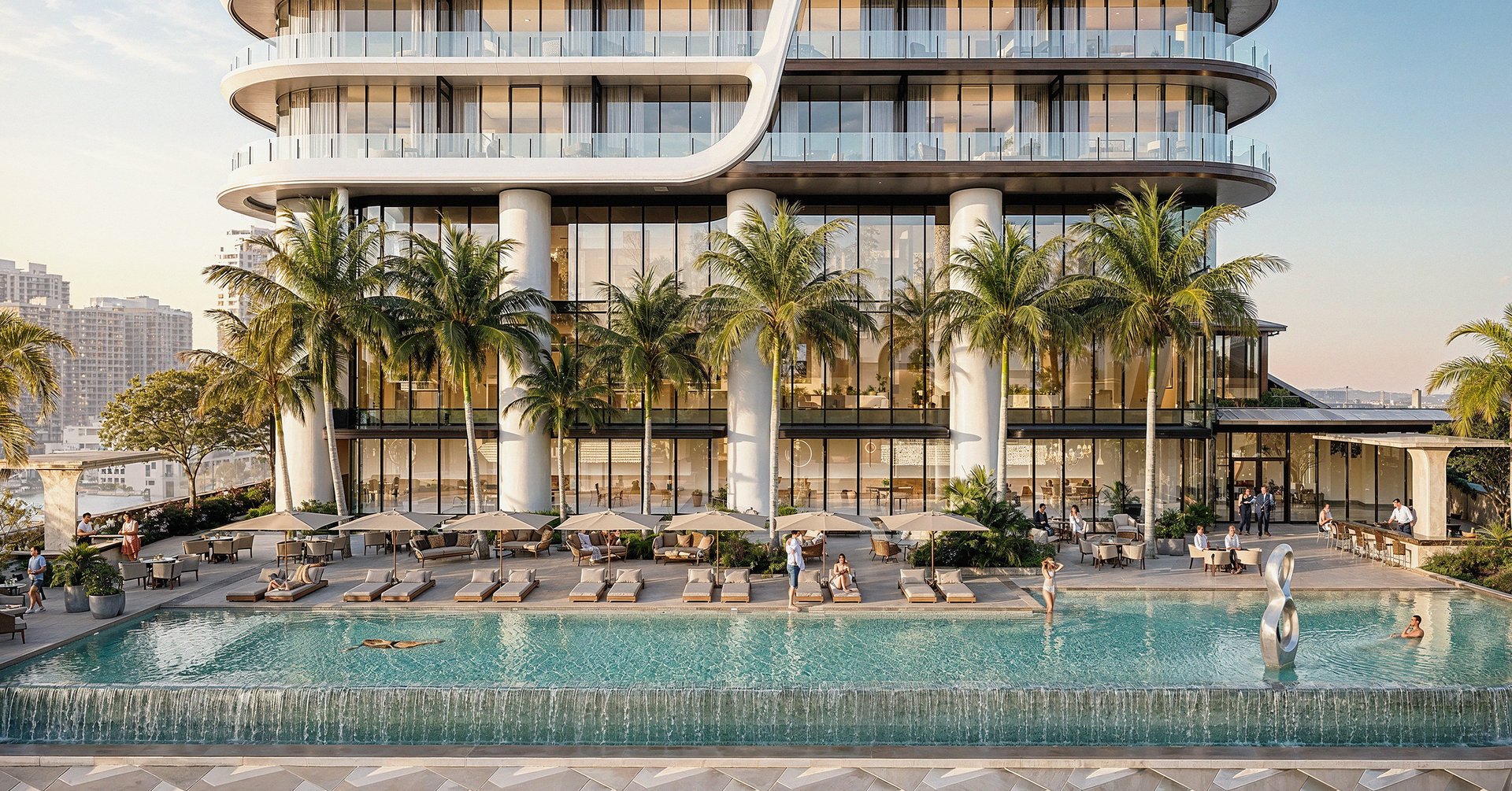 Landscaped terraces and gardens frame resort-style pools designed as a calm, retreat-like atmosphere within the city. The collection includes the Level 5 Hotel Sunrise Pool, terrace settings for alfresco moments, and residents-only outdoor amenities on Level 7 with a private pool and sun deck complemented by hot and cold plunge pools.