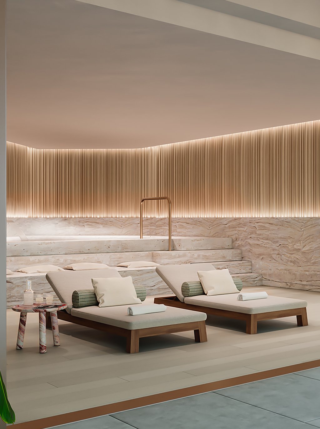 A private outdoor spa with sauna and treatment rooms to enjoy after a workout at the fitness center. Also featuring an intimate garden and meditation lounge areas overlooking the Atlantic Ocean.