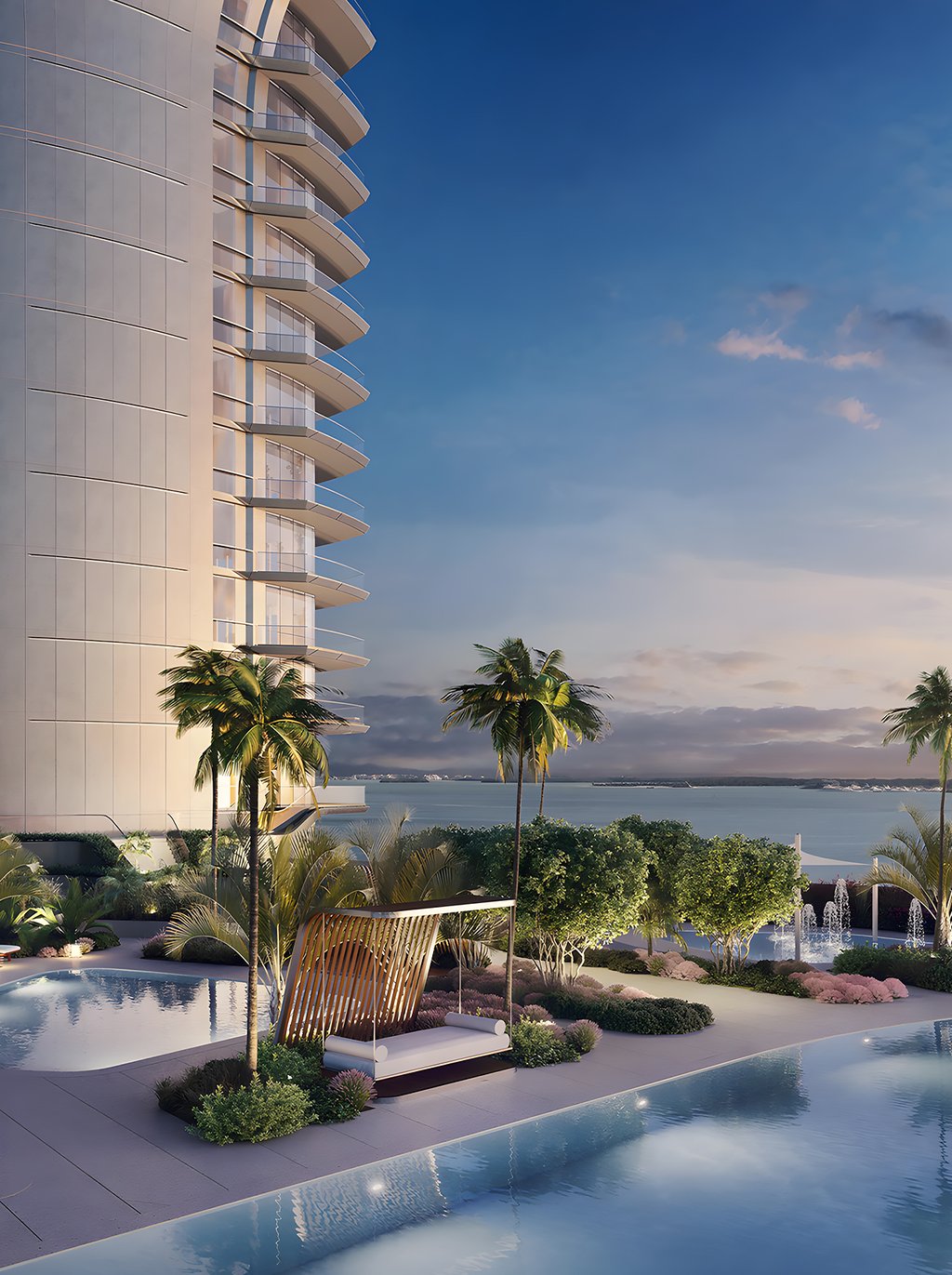 The views of Biscayne Bay can be enjoyed while taking a refreshing dip in this grateful swimming pool.