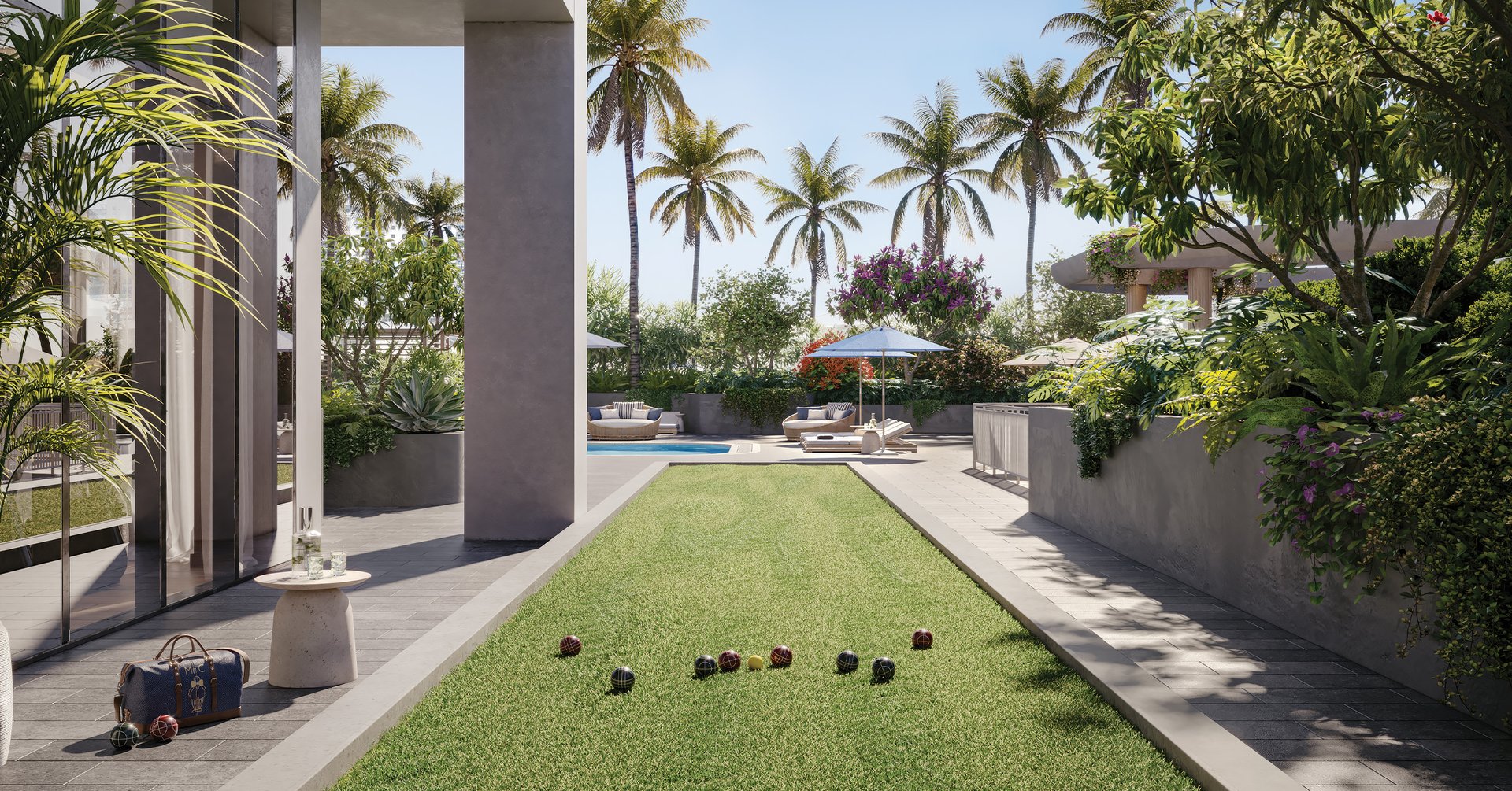 Outdoor enthusiasts can get together in friendly competition on the elegantly designed bocce court, offering an entertaining and engaging outdoor activity for residents and guests.
