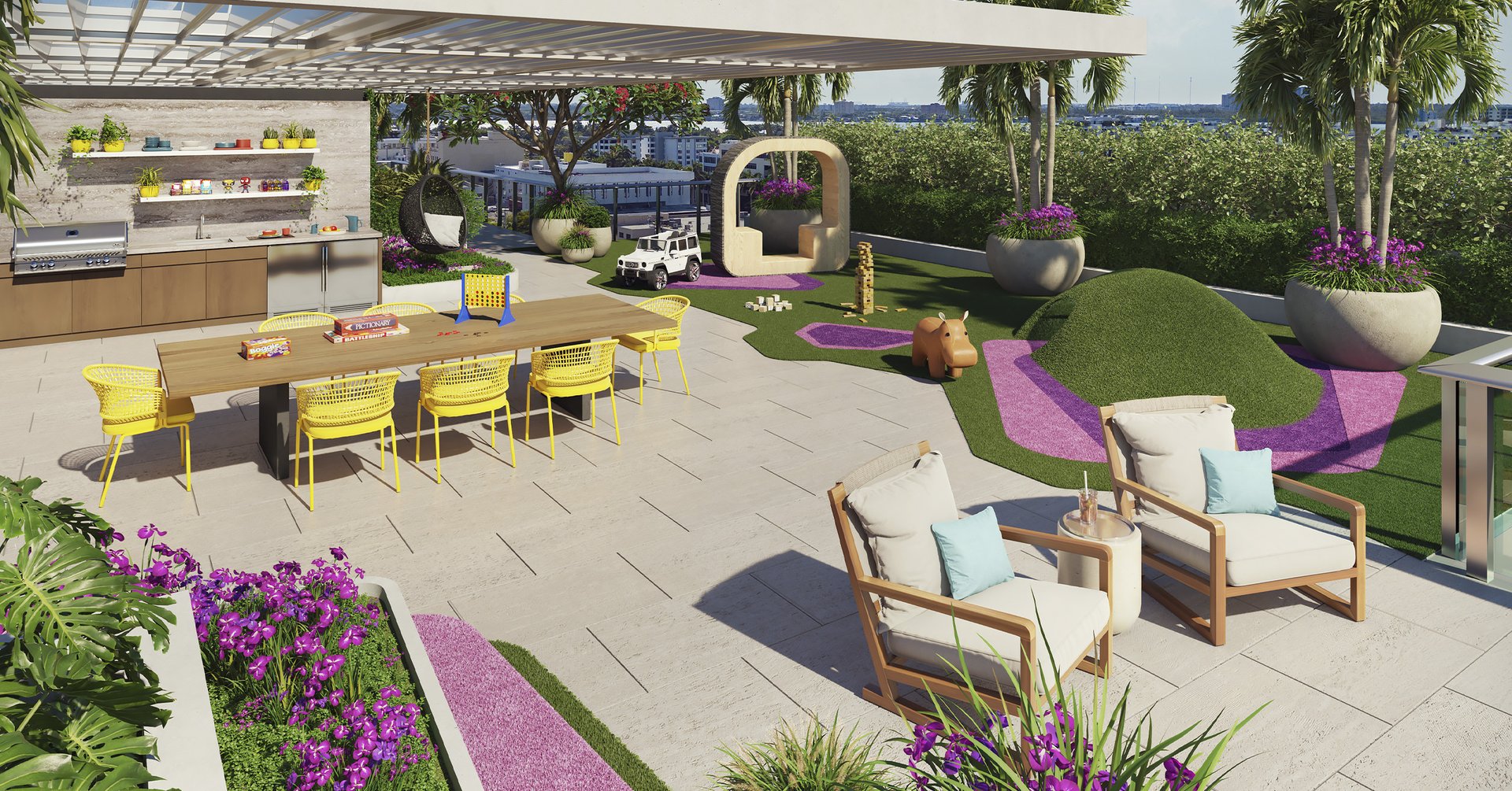 La Baia North includes areas exclusively for kids such as a rooftop splash pad, outdoor play tents, and study pods designed for homework and tutoring.