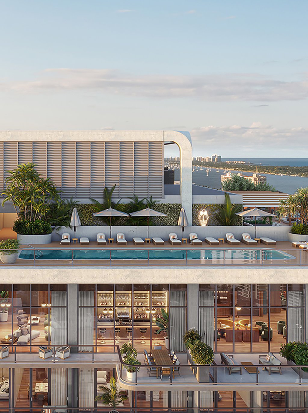 The magnificent rooftop pool offers guests an idyllic retreat where residents can bask in the sun and enjoy the sophistication of a resort-style pool deck adorned with luxurious cabanas.