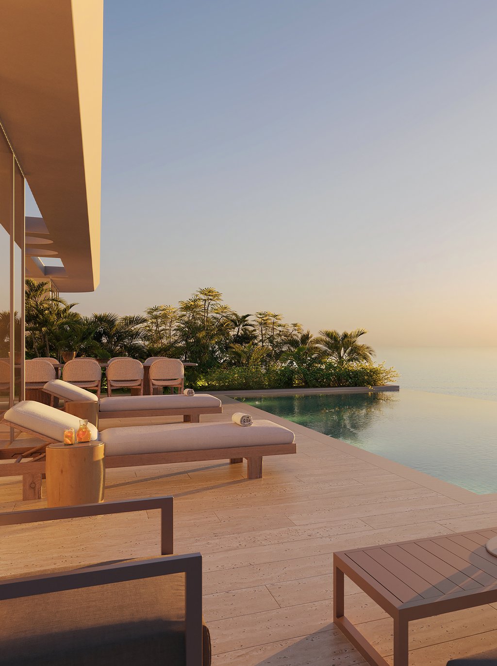 At the crown of Ocean Terrace Residences, The Penthouse joins RAMSA’s classically informed interiors with Revuelta Architecture International’s sculptural glass architecture and landscape authorship by Enzo Enea and Raymond Jungles. Across two private levels, the rooftop pool, spa, and open-air kitchen frame the Atlantic, Ocean Terrace Park, North Beach shoreline, and Biscayne Bay.