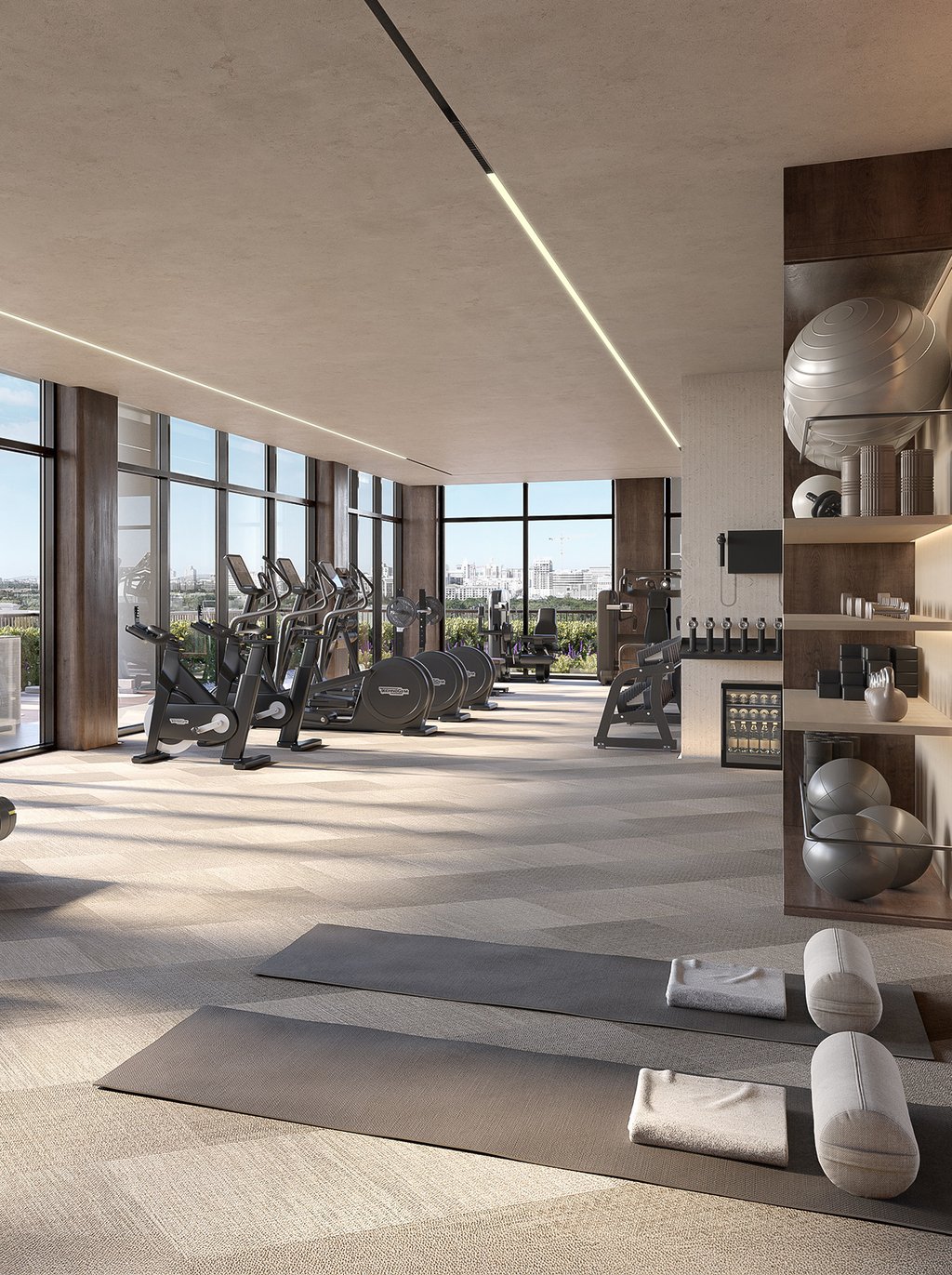 A modern, fully equipped fitness center designed to promote health and well-being. This facility includes the latest exercise equipment, allowing residents to maintain their fitness routines conveniently within the building.