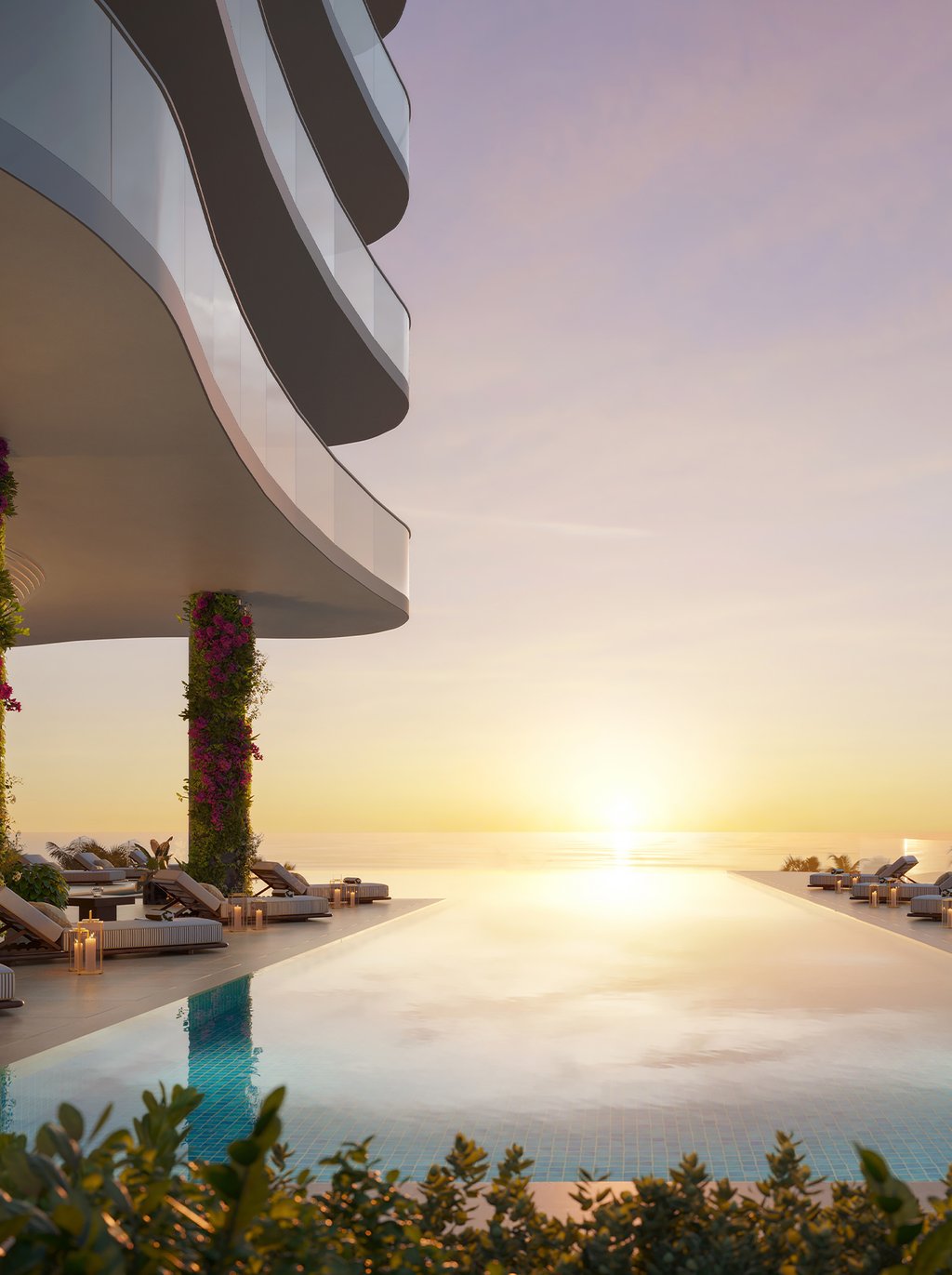 An expansive pool deck with a 75-foot sunrise pool, a sunset hotel pool, a cold plunge pool, a hot tub, and private cabanas for a complete relaxing experience.