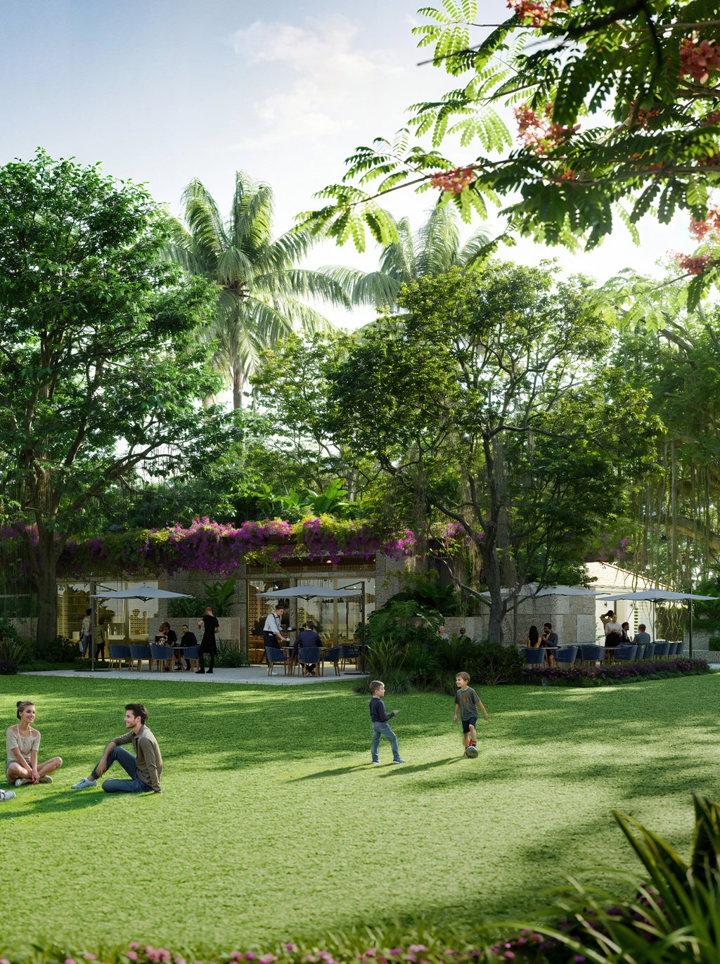 The heart of Ziggurat is an outdoor paseo, a series of meandering paths featuring a Michelin-starred chef's cuisine, shopping, a café, and a gourmet market. This central space is designed to foster social energy and community interaction.