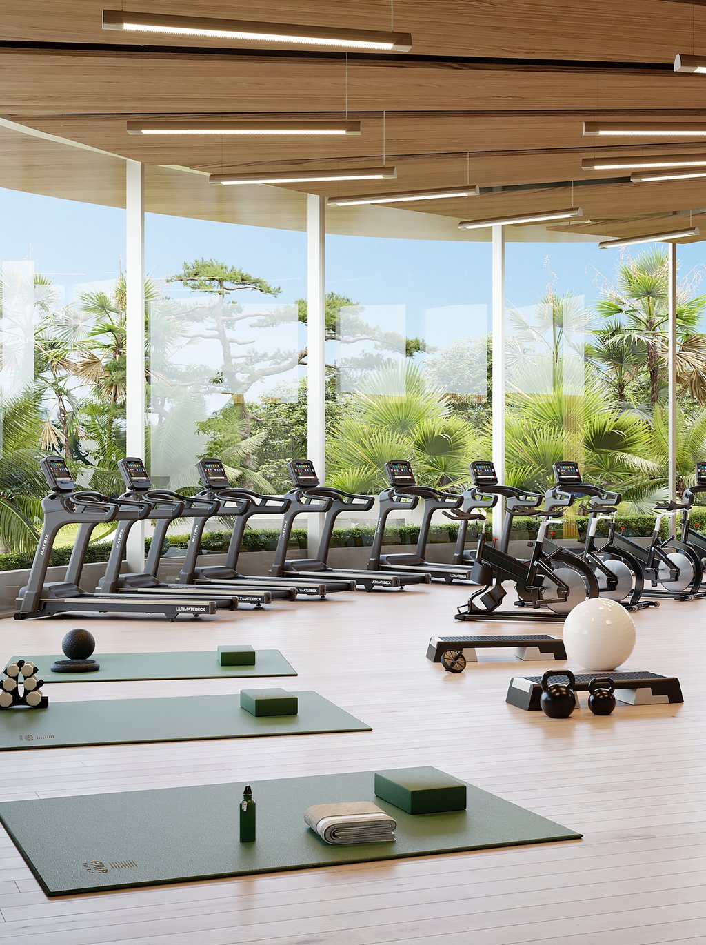 State of the art fitness center overlooking the garden level with exterior exercise area. The wellness experience at Aria Reserve provides tennis courts, paddle court, basketball court, yoga lounge area, spa relaxation area, massage rooms, sauna, and steam room.