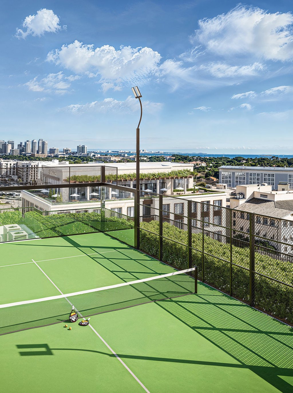Cora features the first rooftop padel court in Coral Gables, offering residents a unique and active recreational opportunity. This amenity provides a space for friendly competition, exercise, and social interaction with stunning city views.