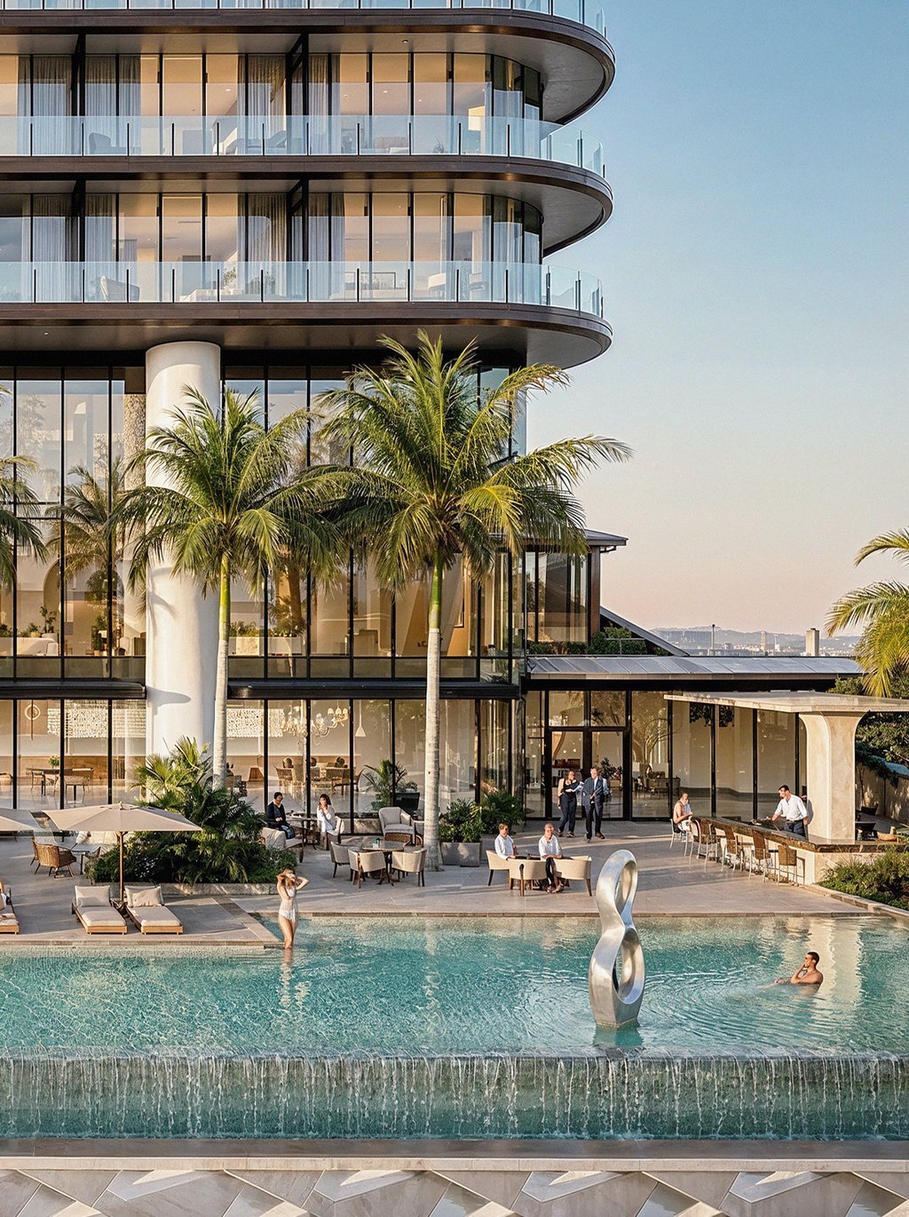Landscaped terraces and gardens frame resort-style pools designed as a calm, retreat-like atmosphere within the city. The collection includes the Level 5 Hotel Sunrise Pool, terrace settings for alfresco moments, and residents-only outdoor amenities on Level 7 with a private pool and sun deck complemented by hot and cold plunge pools.