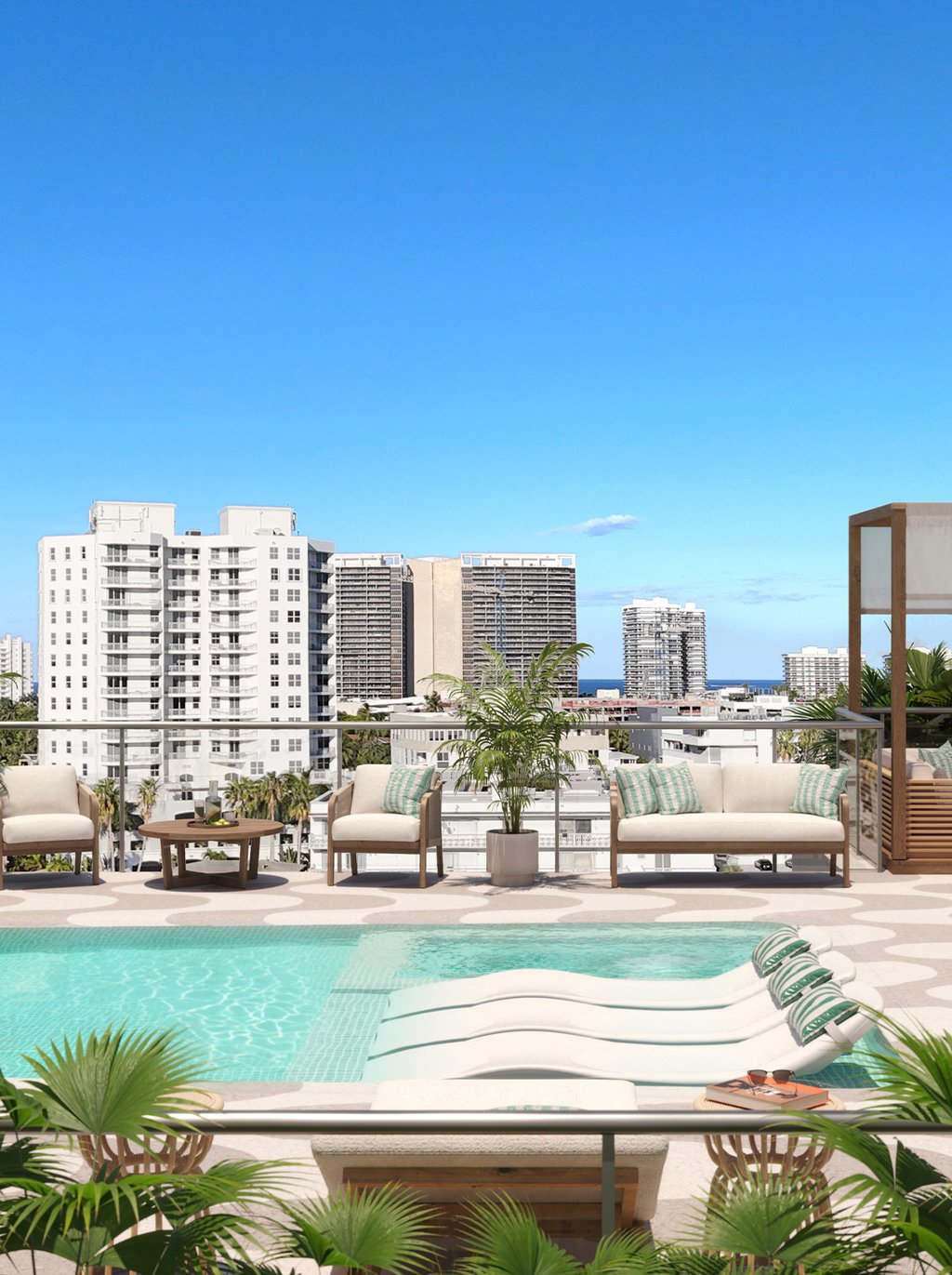A resort-style rooftop pairs a skyline-facing pool and sun shelf with shaded loungers for lingering afternoons. The deck is designed for quiet mornings and golden-hour gatherings, with breezes, views, and intimate seating that feel private at any time of day.