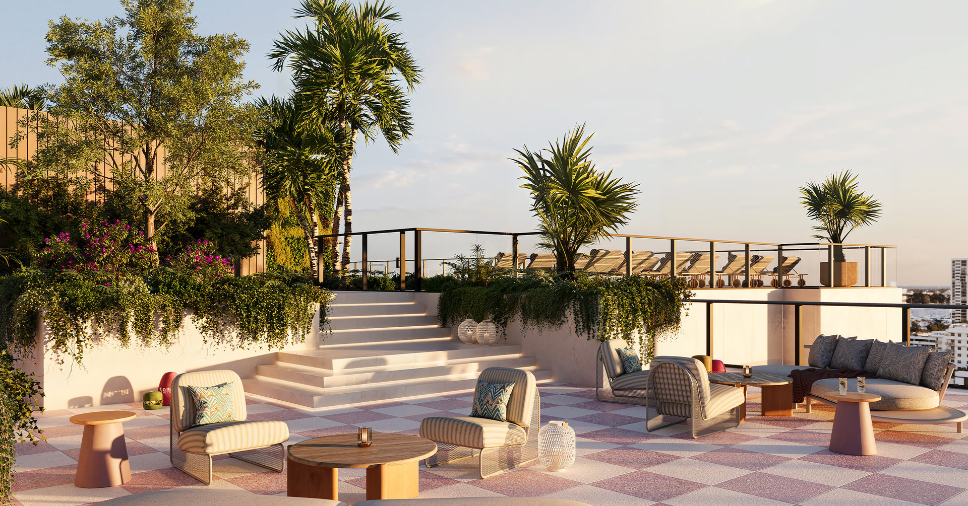 At the rooftop level, Nora House layers leisure and entertainment with unusual breadth, pairing a resort-style pool and spa with an outdoor bar, social terrace, fire pit seating, a game lounge, bowling alley, golf simulator, and spaces designed for easy hosting from day into evening.