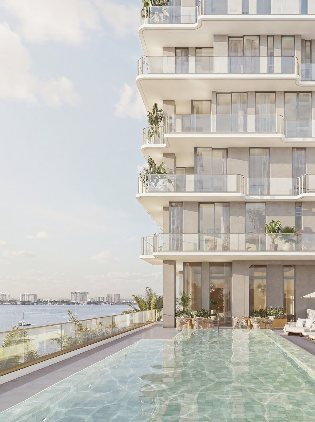 A landscaped bayfront pool deck with cabanas creates a setting that shifts beautifully from morning light to sunset gatherings. Framed by water, skyline views, and the surrounding preserve, it brings resort ease to everyday life while preserving the intimate scale of a boutique tower.