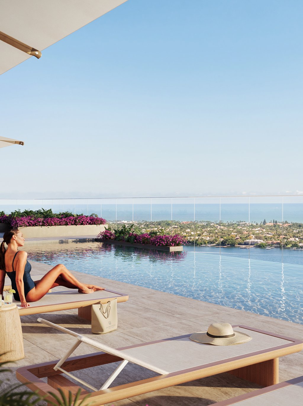 A lavish pool, sun shelf, and roof deck invite relaxation, while the adjacent terrace offers an outdoor space for sunbathing, socializing, and enjoying views.