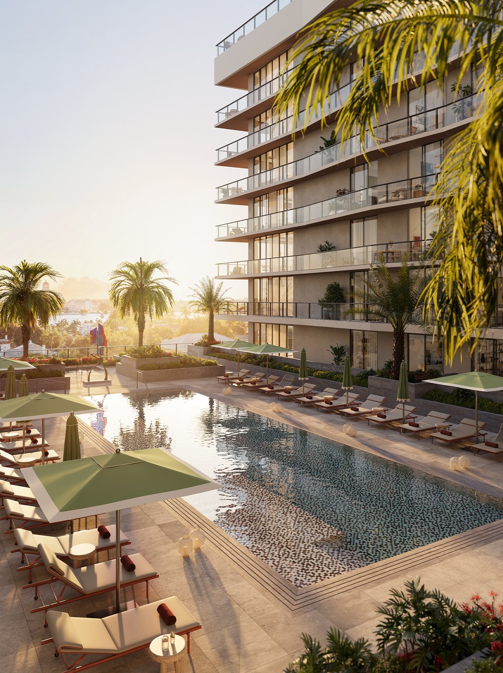 A landscaped fourth-level courtyard introduces a calmer rhythm with a lap pool, separate spa, grilling areas, and private seating, while six guest suites, co-working space, boardroom, bicycle storage, and dedicated resident conveniences make the building feel both polished and practical.