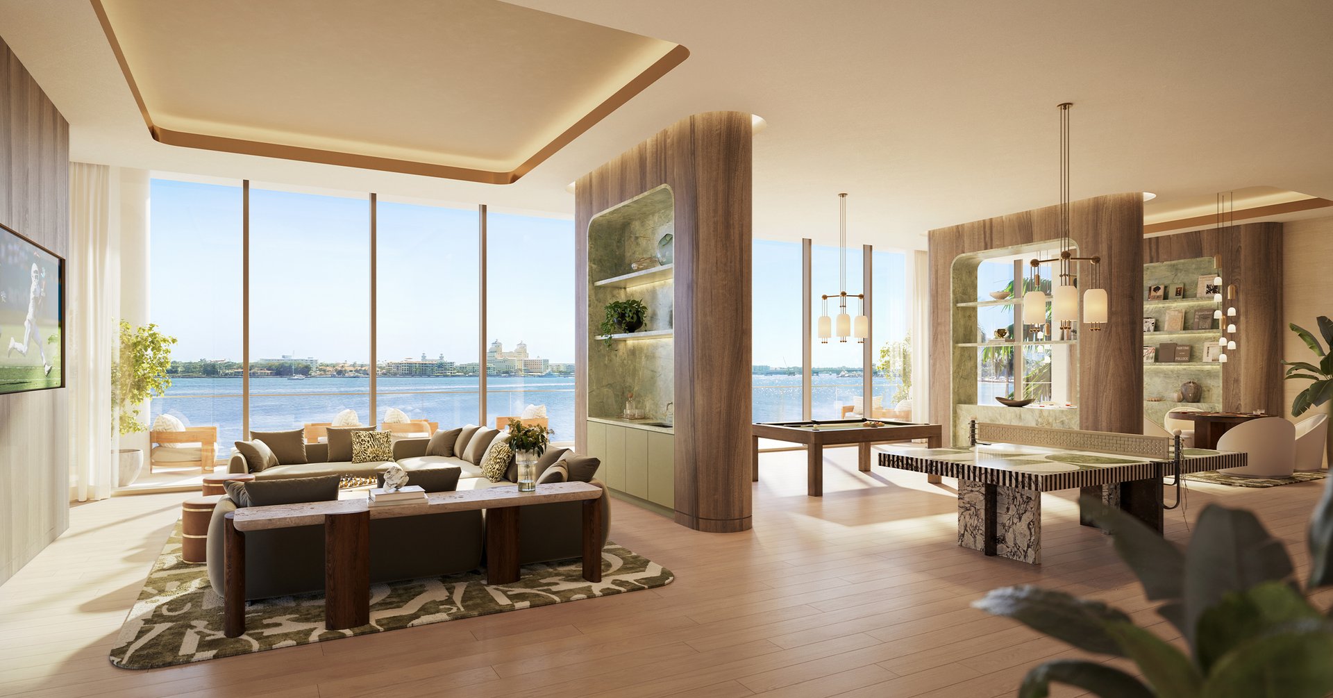 A refined social lounge designed for friendly competition and effortless entertaining, featuring elegant gaming spaces in a relaxed setting overlooking the waterfront.