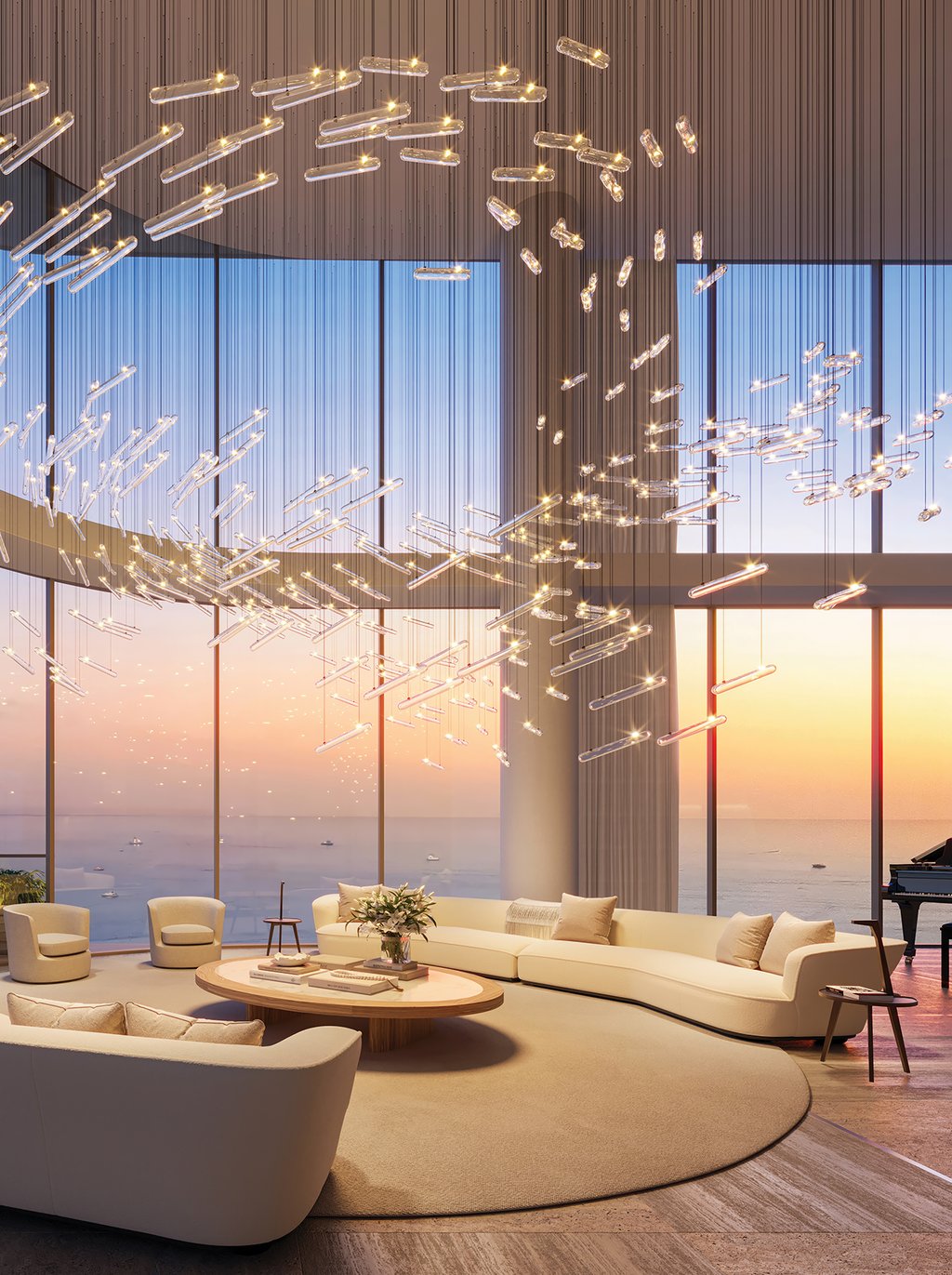 Conceived by ACPV Architects led by Antonio Citterio and Patricia Viel, with Arquitectonica, the two-story residence rises roughly 800 feet above Brickell in a composition shaped by light, proportion, and privacy. Panoramic views extend across Biscayne Bay, Brickell Key, Key Biscayne, and the Atlantic horizon, while 30-foot volumes lend the principal rooms the scale of a private house. It is a sky estate defined by serenity.