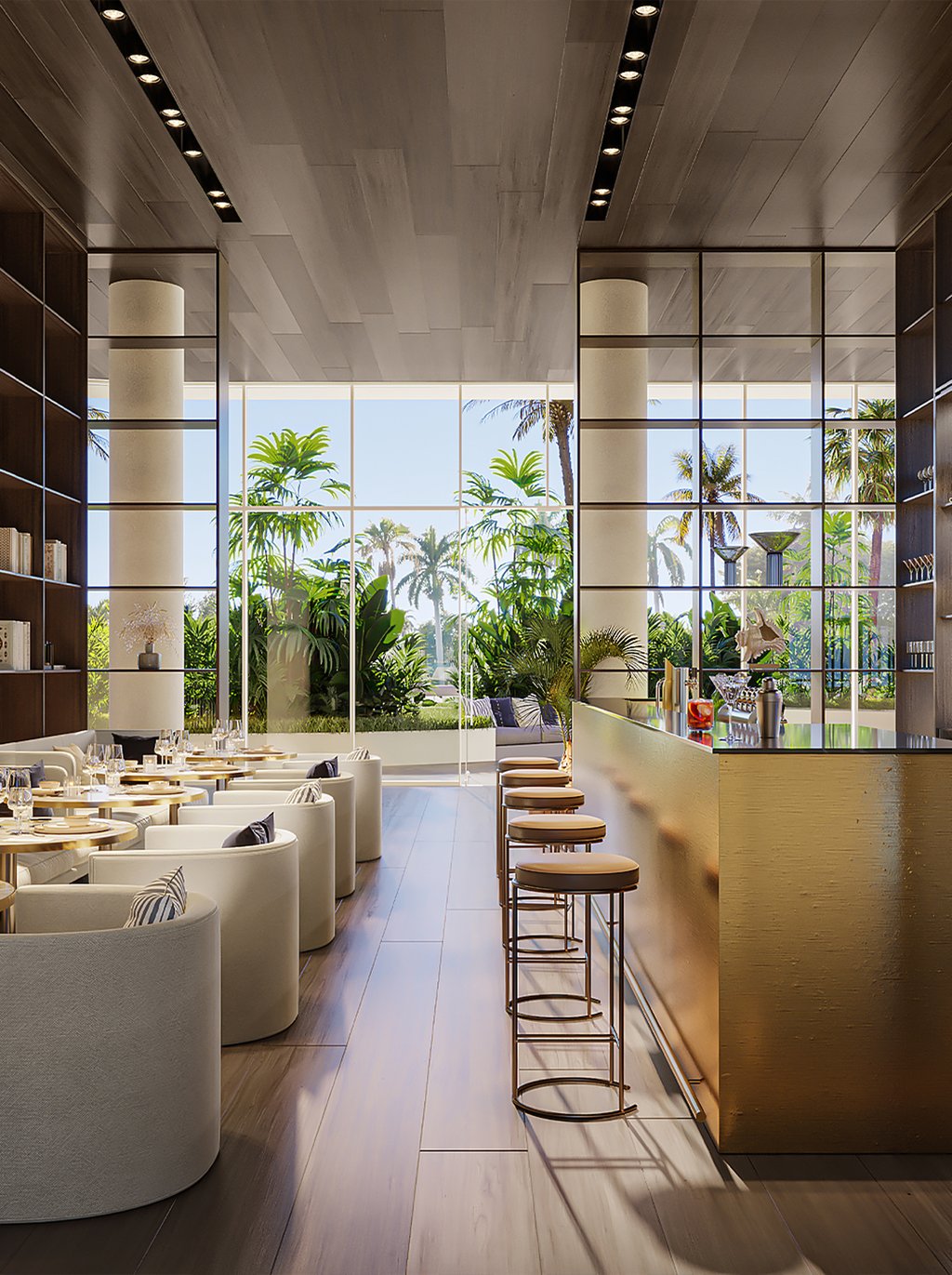 The indoor experiences include a wine tasting room, virtual golf simulators, pool tables, art classes, a library and a business center.