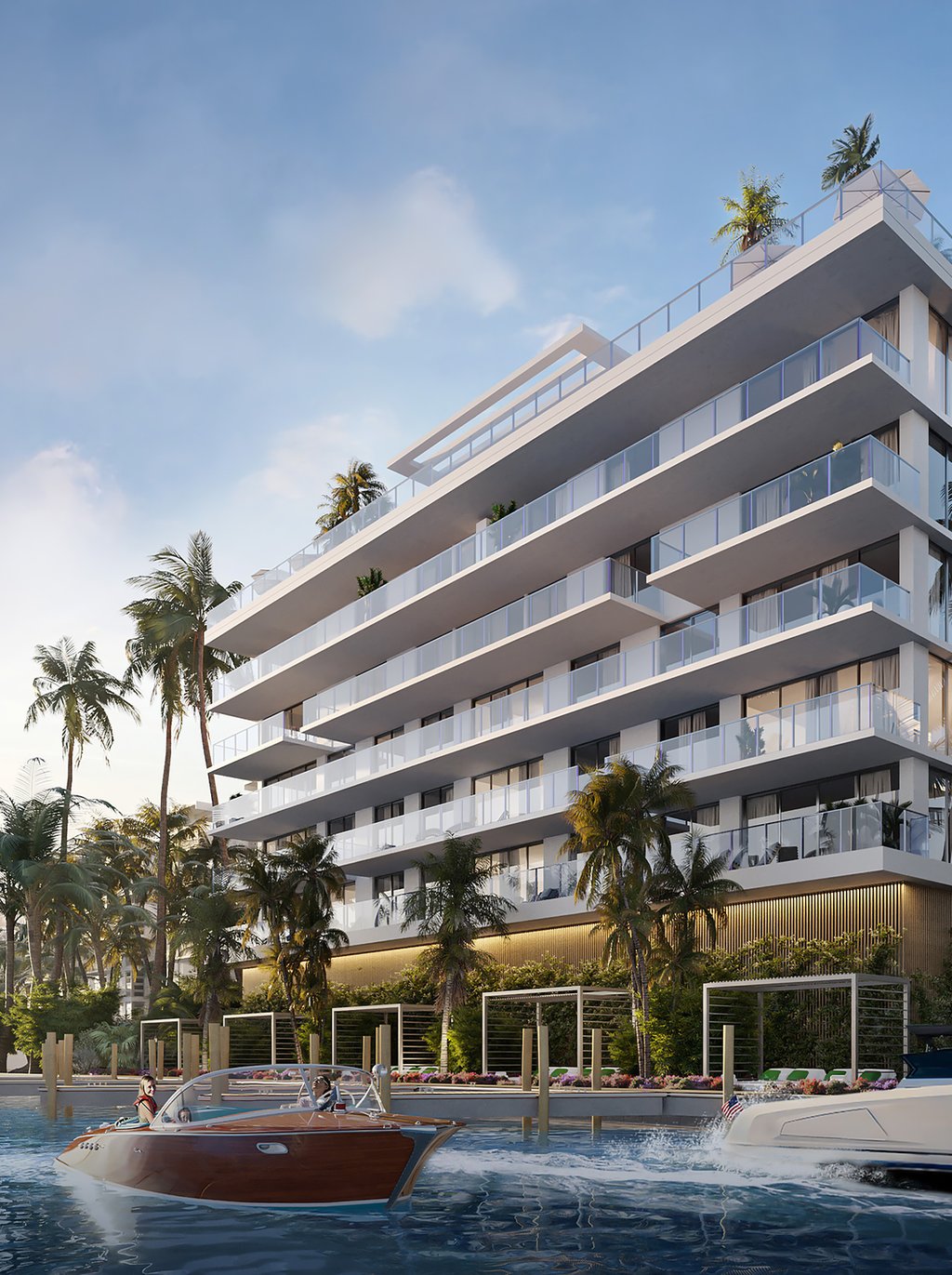 A marina space featuring 9 boat slips ranging from 25 to 40 feet, direct Atlantic Ocean access, private waterfront cabanas, and a dock for kayaks and paddle boards.