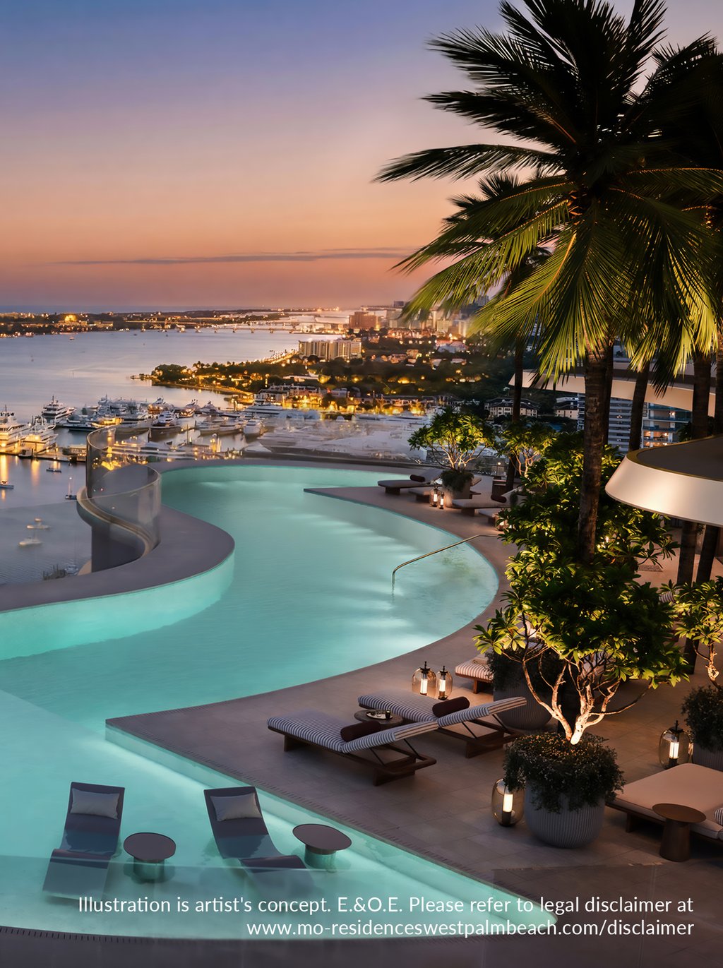 An outdoor rooftop lounge designed for everyday resort living, featuring a pool, private cabanas, spa facilities, and a state-of-the-art fitness center. The elevated setting is conceived for sunrise routines, sunset gatherings, and a quiet sense of privacy above the water.