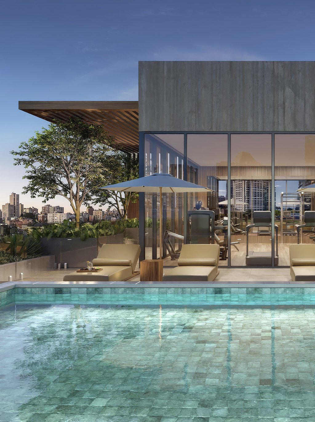 Opus features a private rooftop pool oasis, complete with an upscale bar and comfortable lounge area.