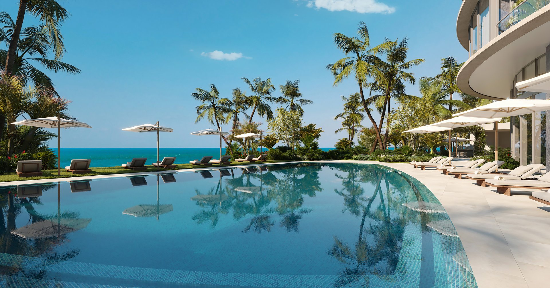 The social deck includes sunrise and sunset resort-style pools, an outdoor spa, sunbeds and cabanas, poolside food-and-beverage service, and a pickleball court.