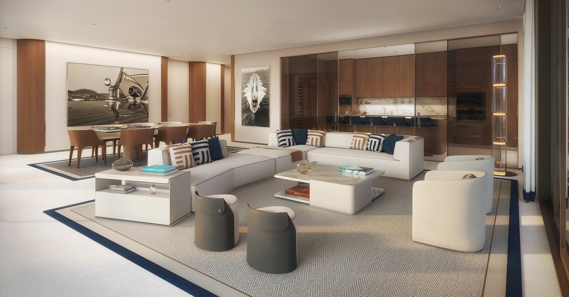 Including private elevator foyers, 10- to 14-foot ceilings, floor-to-ceiling windows, Italian-designed kitchens with Gaggenau appliances, and spa-inspired master baths.