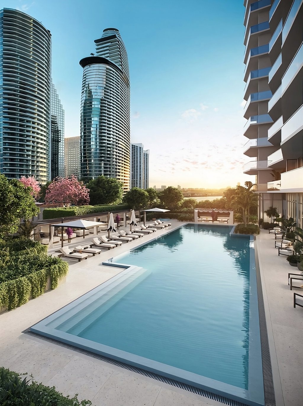 The elevated 14th-level pool deck provides a resort-style retreat with a heated swimming pool, outdoor spa, poolside cabanas, a full-service café, lush lounging areas, summer kitchen, and bocce ball court.