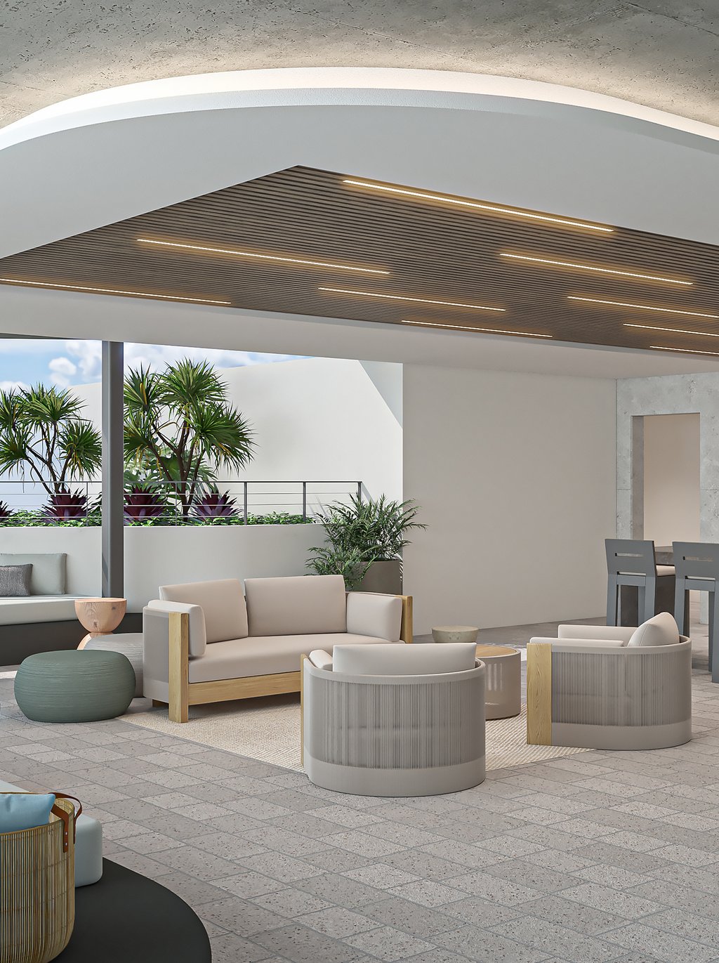 The rooftop terrace presents a stunning space for talking, entertaining, or simply appreciating the surrounding views.