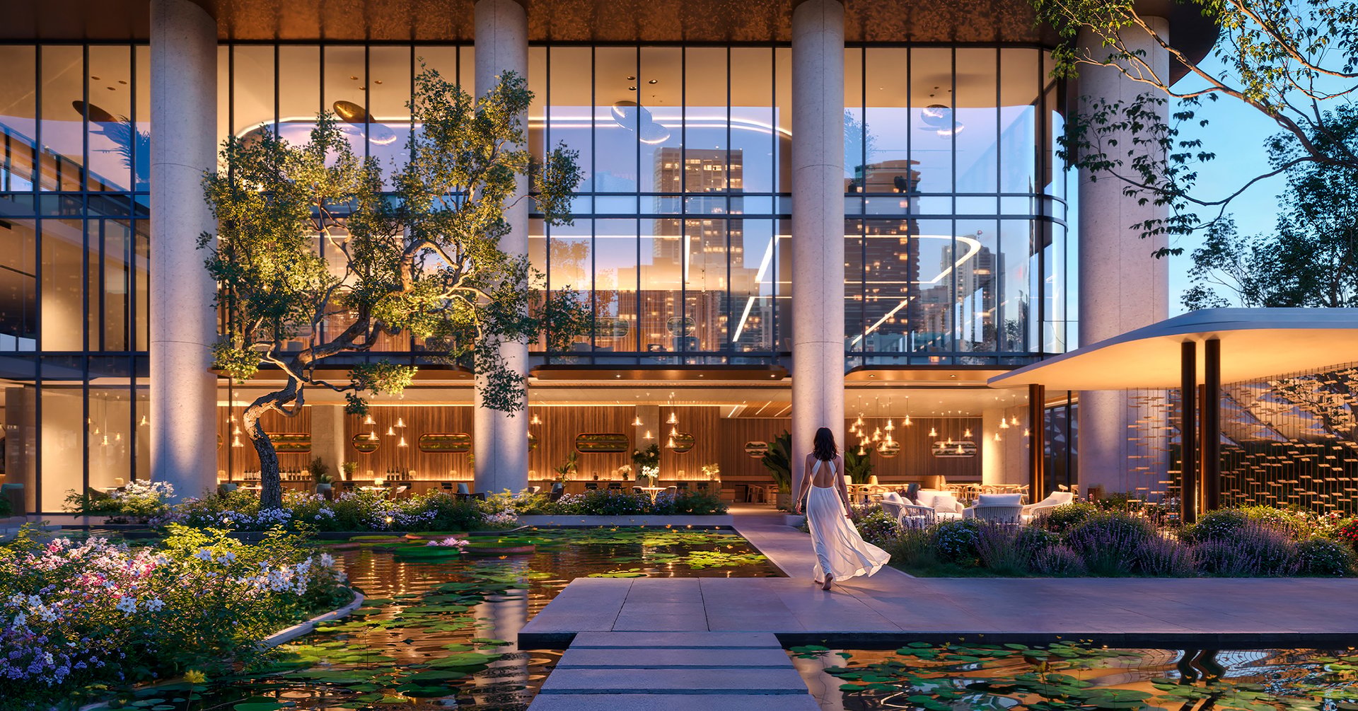 The residential program is described as a mix of private residences, resort residences, and hotel suites within a hospitality-led tower. Private residences are presented with open floor plans, full-height glass, and deep wraparound terraces that support an indoor-outdoor rhythm. Interiors are characterized by warmth and tactility, with natural stone, tile, and wood finishes, plus flexible rooms that can adapt to work, leisure, or wellness-focused use.