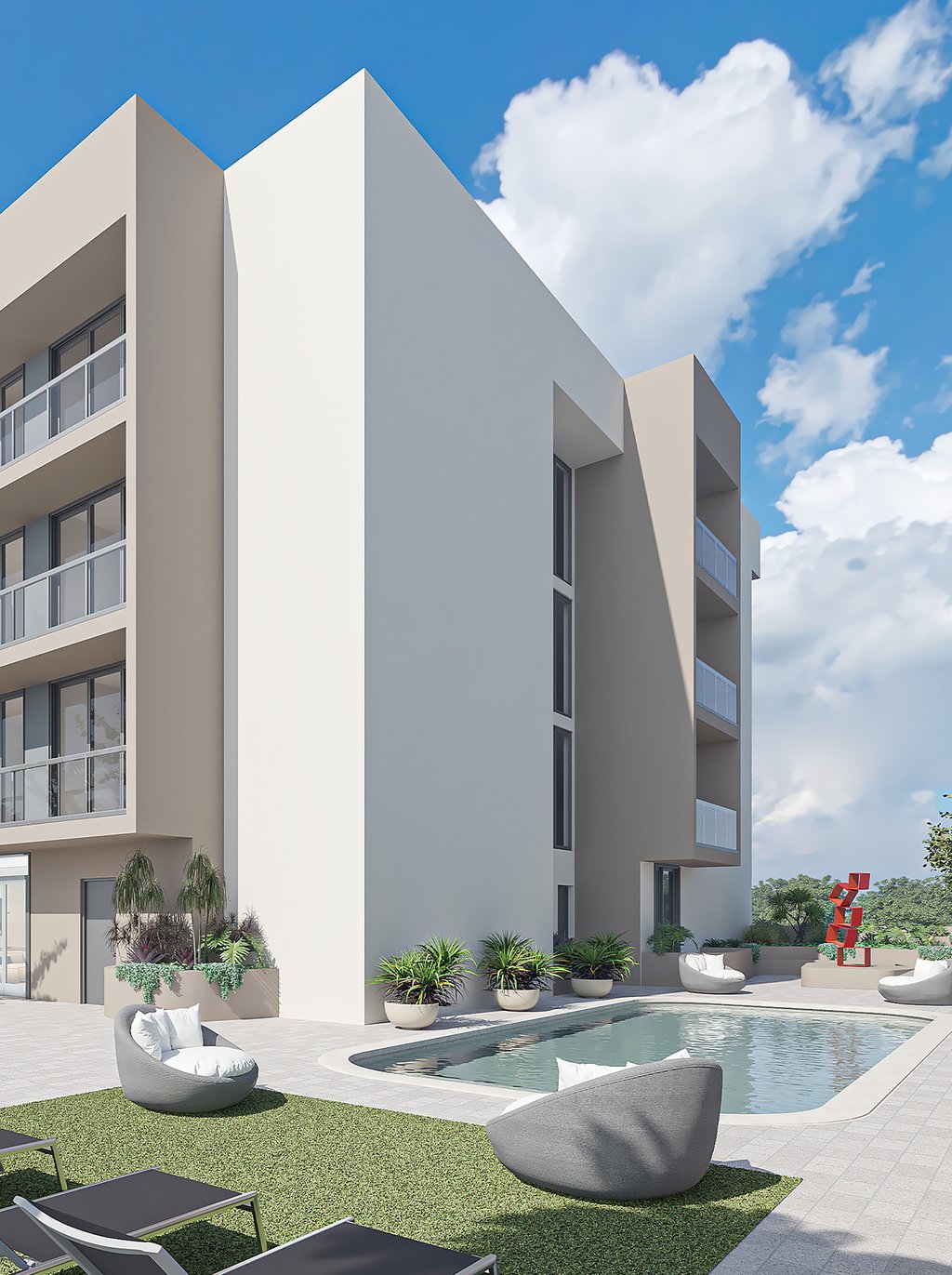Arbor boasts a lush courtyard pool, offering a tranquil oasis for residents to relax and unwind in a serene setting.