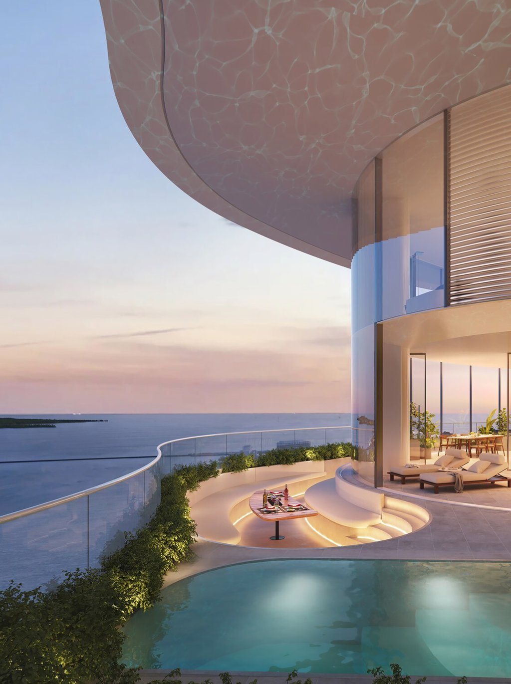 An elevated resort-style pool deck with private cabanas, lounges, and landscaped retreats creates a sanctuary in the sky. Day to night, the terrace frames sweeping water and city views for relaxation, gatherings, and sunset moments.